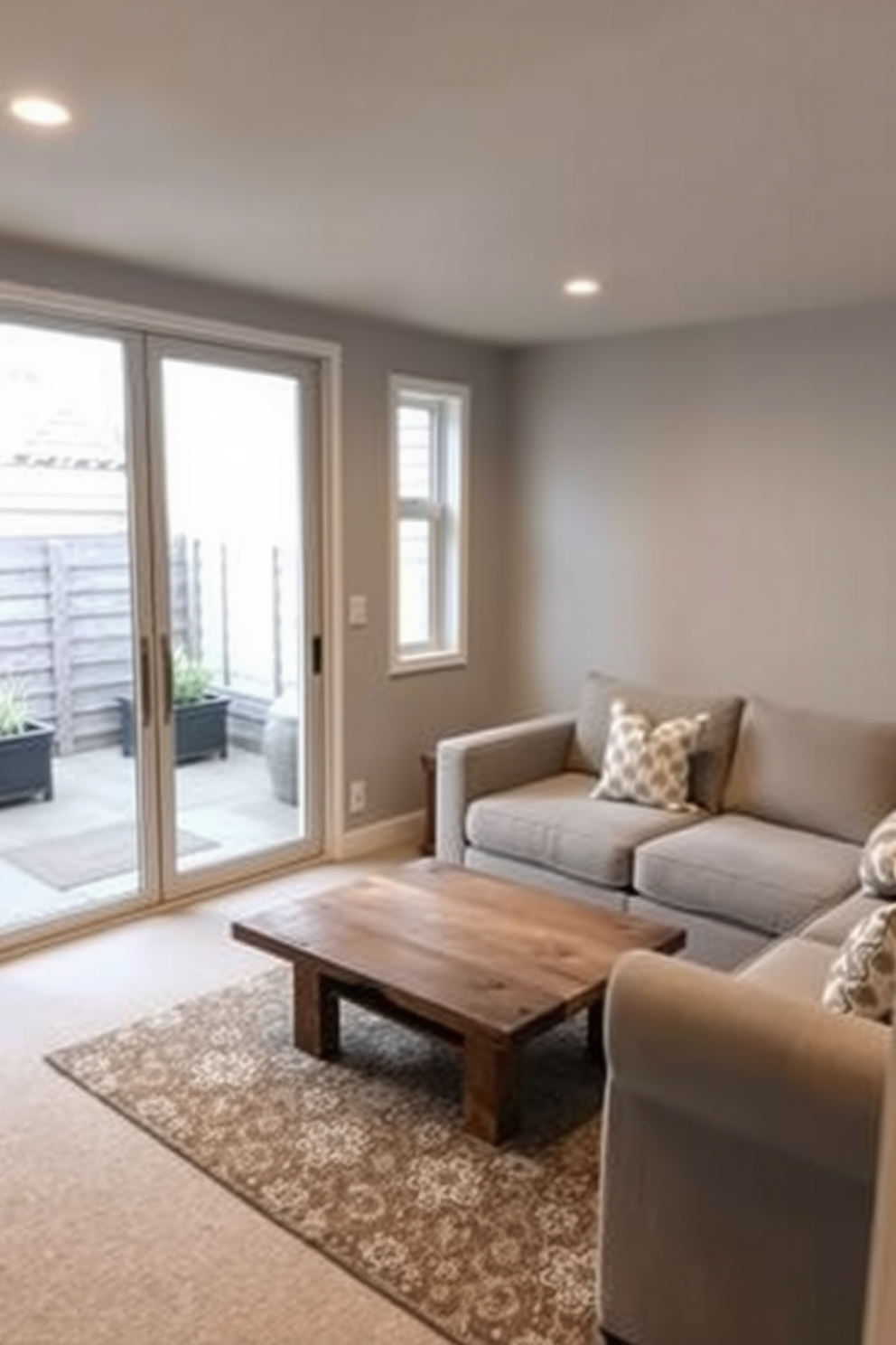 A cozy basement retreat featuring sliding glass doors that open to a small outdoor patio. The space is adorned with soft lighting and a plush sectional sofa, creating an inviting atmosphere. The walls are painted in a light gray hue, enhancing the sense of openness. A rustic wooden coffee table sits in the center, complemented by a few decorative cushions and a stylish area rug.