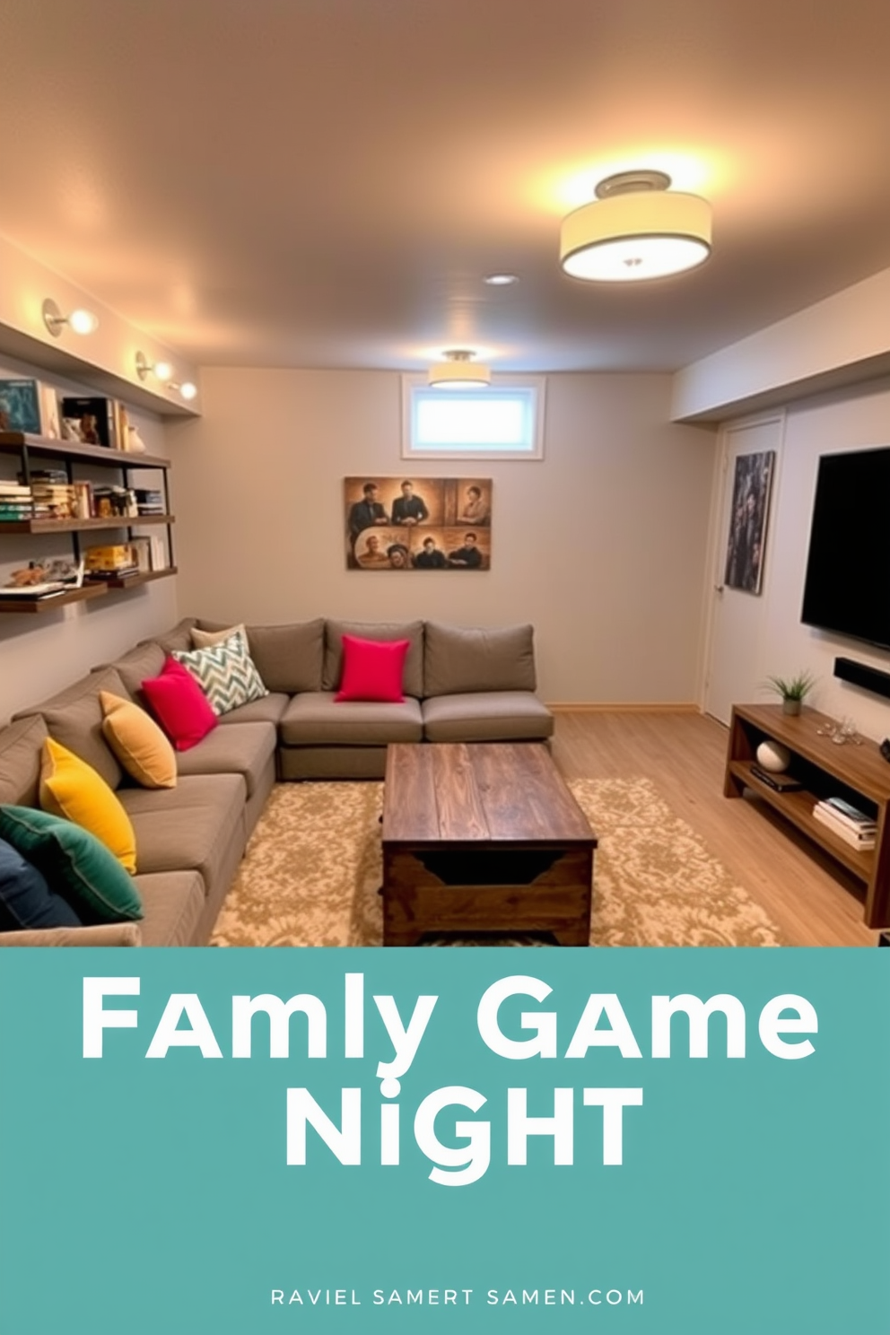 A cozy family game night area designed in a simple basement. The space features a large sectional sofa in a soft gray fabric, surrounded by a plush area rug and a coffee table made of reclaimed wood. On one side, a wall-mounted shelf displays board games and books, while the opposite wall has a large flat-screen TV for movie nights. Warm lighting fixtures create an inviting atmosphere, and colorful cushions add a playful touch to the seating arrangement.