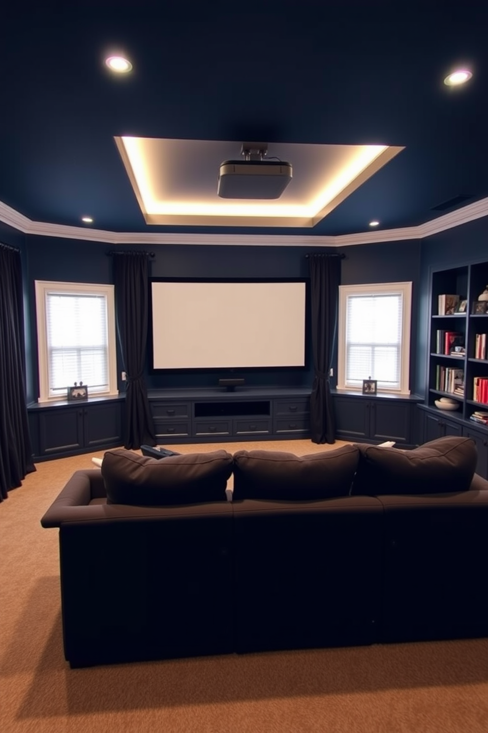 Transform the space into a home theater. The walls are painted a deep navy blue, and plush blackout curtains frame the windows to create a cozy atmosphere. A large sectional sofa faces a wall-mounted screen, surrounded by built-in shelves filled with books and decor. Soft LED lighting highlights the ceiling and provides a warm glow for movie nights.