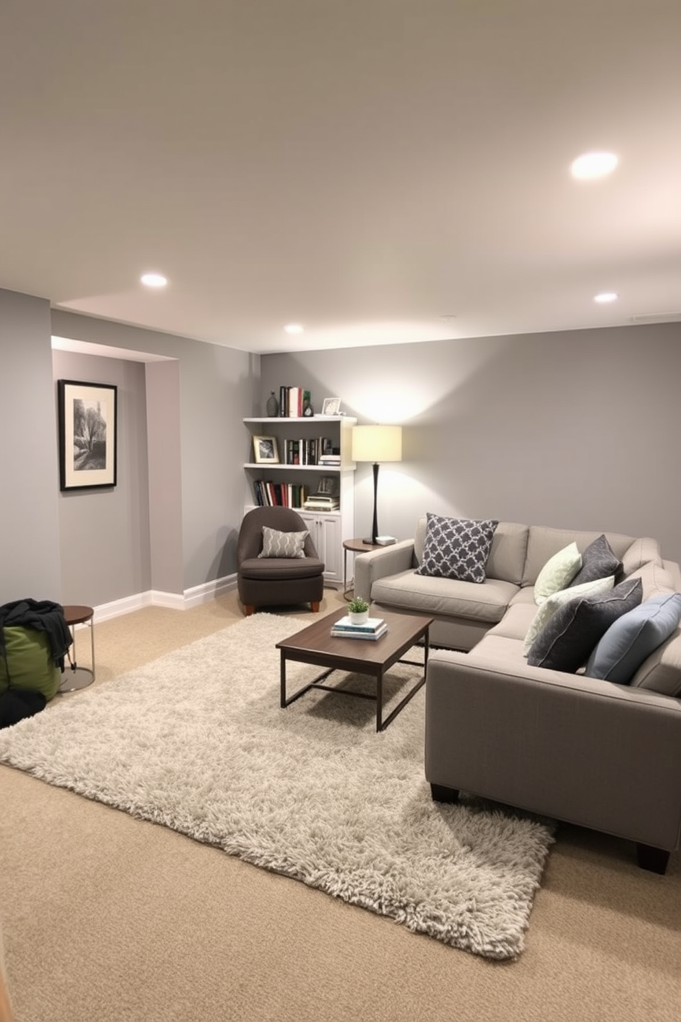 A cozy basement retreat featuring a plush area rug that adds warmth and comfort to the space. The walls are painted in a soft gray, and a comfortable sectional sofa is arranged around a low coffee table. In one corner, a small reading nook is created with a stylish armchair and a floor lamp. Shelves filled with books and decorative items are positioned against the wall, adding personality to the design.