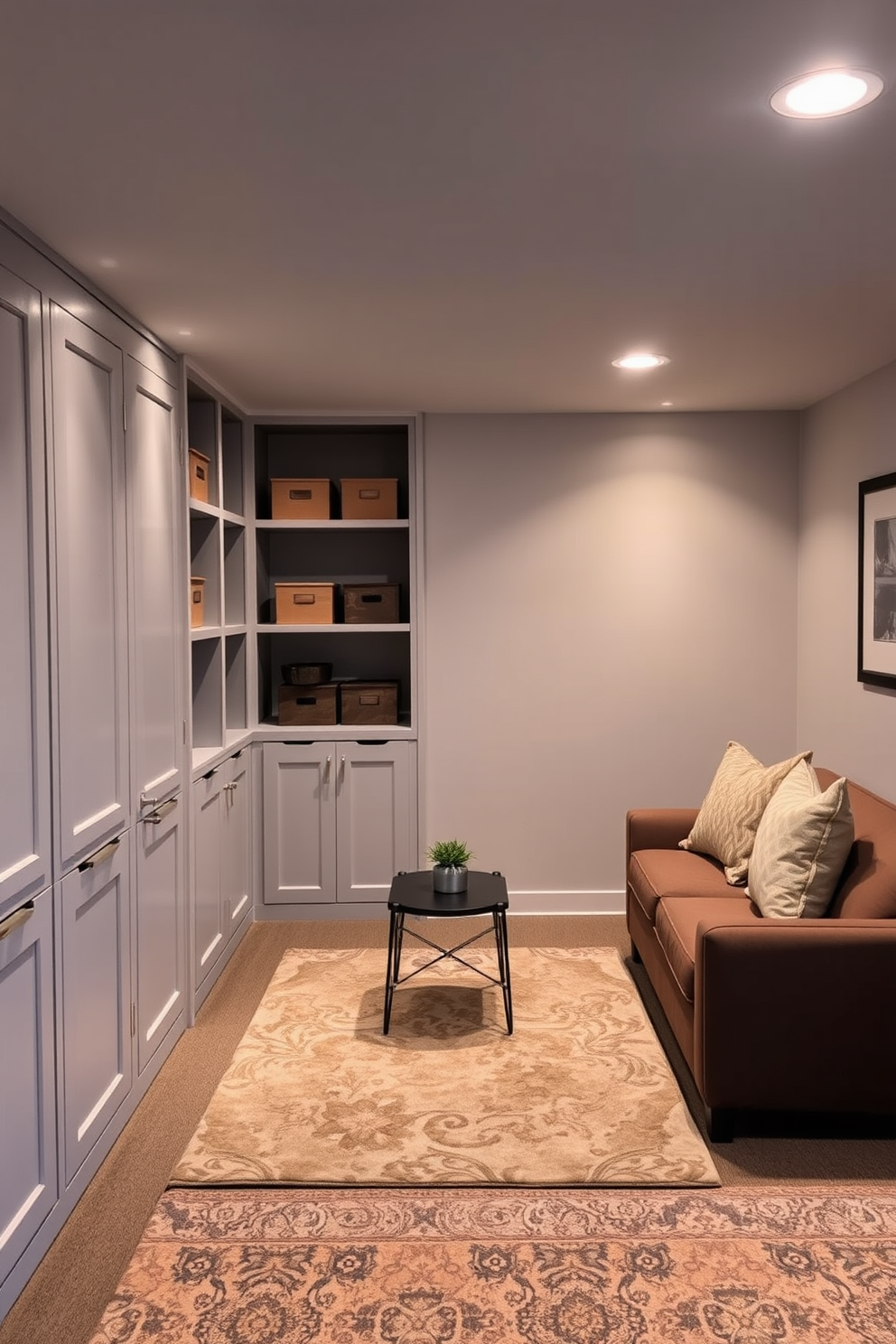 A cozy basement space featuring built-in shelving along one wall for optimal storage. The design incorporates soft lighting to create an inviting atmosphere, with a comfortable seating area that includes a plush sofa and a small coffee table. The walls are painted in a light gray hue to enhance the feeling of openness. A large area rug adds warmth, while decorative boxes on the shelves keep the space organized and stylish.