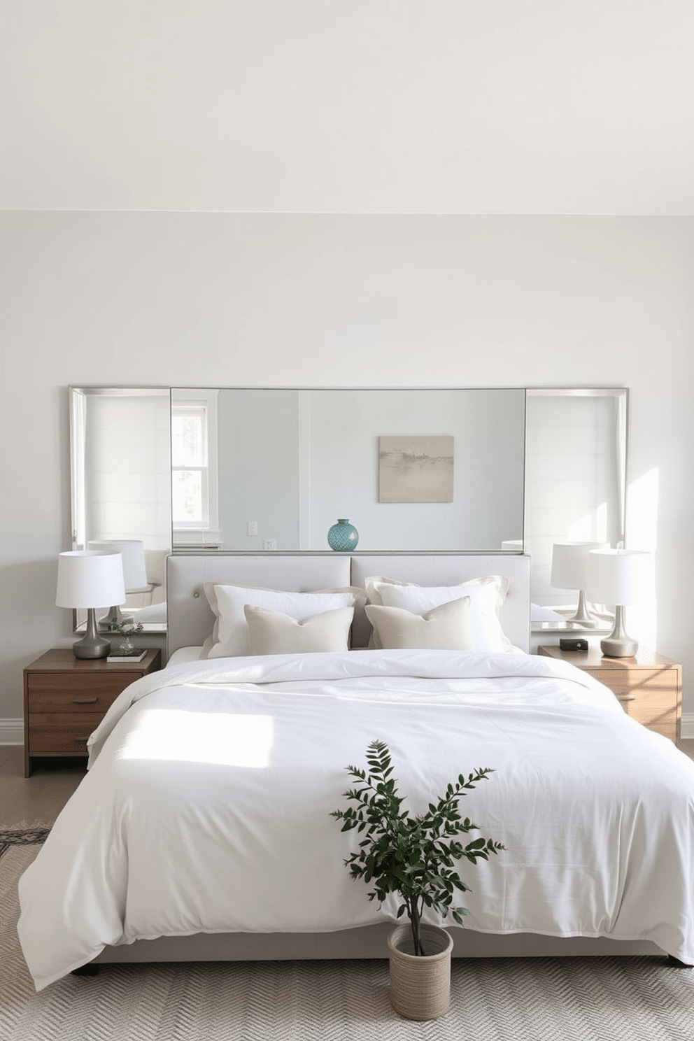 A serene bedroom featuring a large wall mirror that reflects natural light and creates an illusion of space. The bed is dressed in soft, neutral linens with a minimalist headboard, complemented by two bedside tables with stylish lamps. The walls are painted in a calming light gray, enhancing the sense of tranquility. A cozy area rug lies beneath the bed, and a small plant adds a touch of greenery to the room.