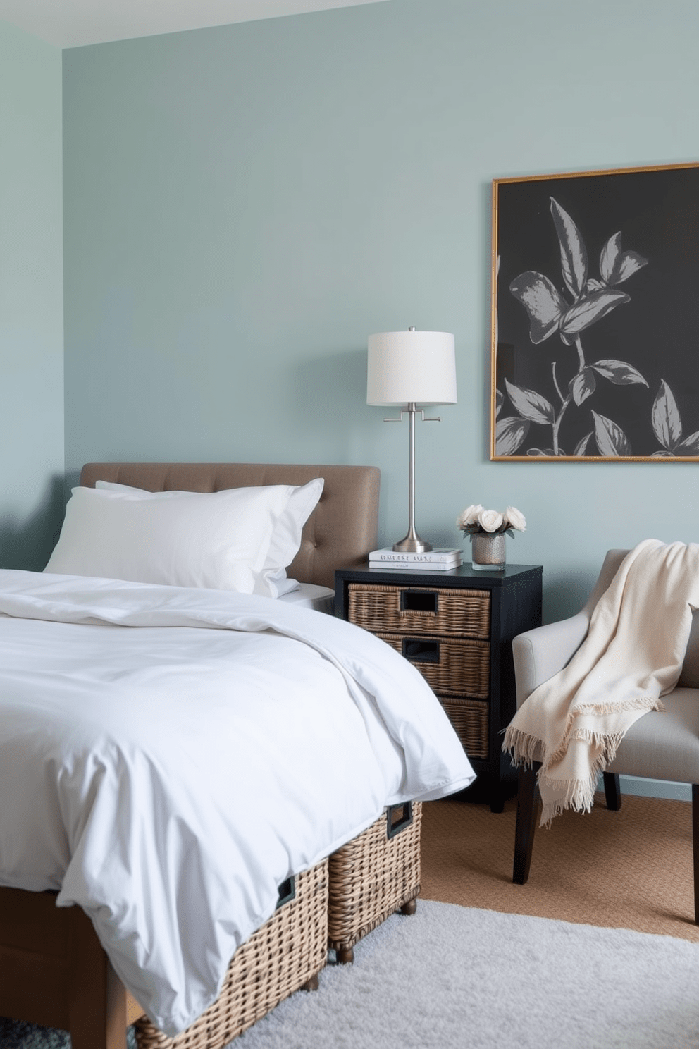 A cozy bedroom featuring a neatly made bed with soft linens and a plush headboard. To the side, there are stylish woven baskets placed under the nightstand for organized storage and easy access to books and personal items. The walls are painted in a calming light blue hue, creating a serene atmosphere. A small accent chair sits in the corner, complemented by a soft throw blanket for added comfort.