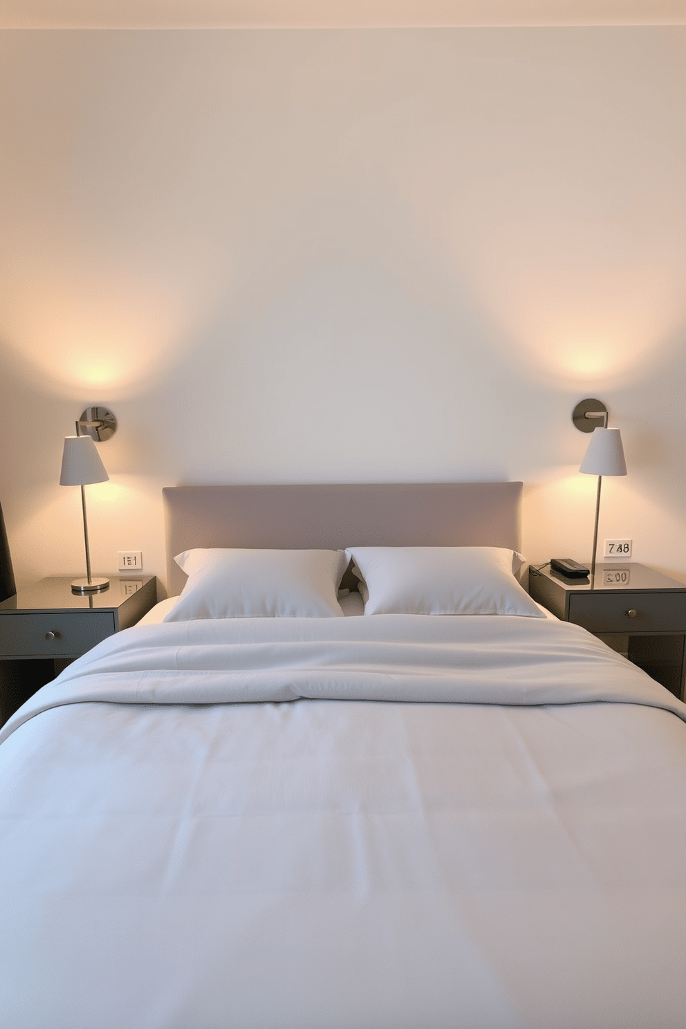 A serene bedroom ambiance is created with soft lighting from stylish bedside lamps. The room features a minimalist bed with a neutral-colored duvet, complemented by a pair of elegant nightstands on either side.