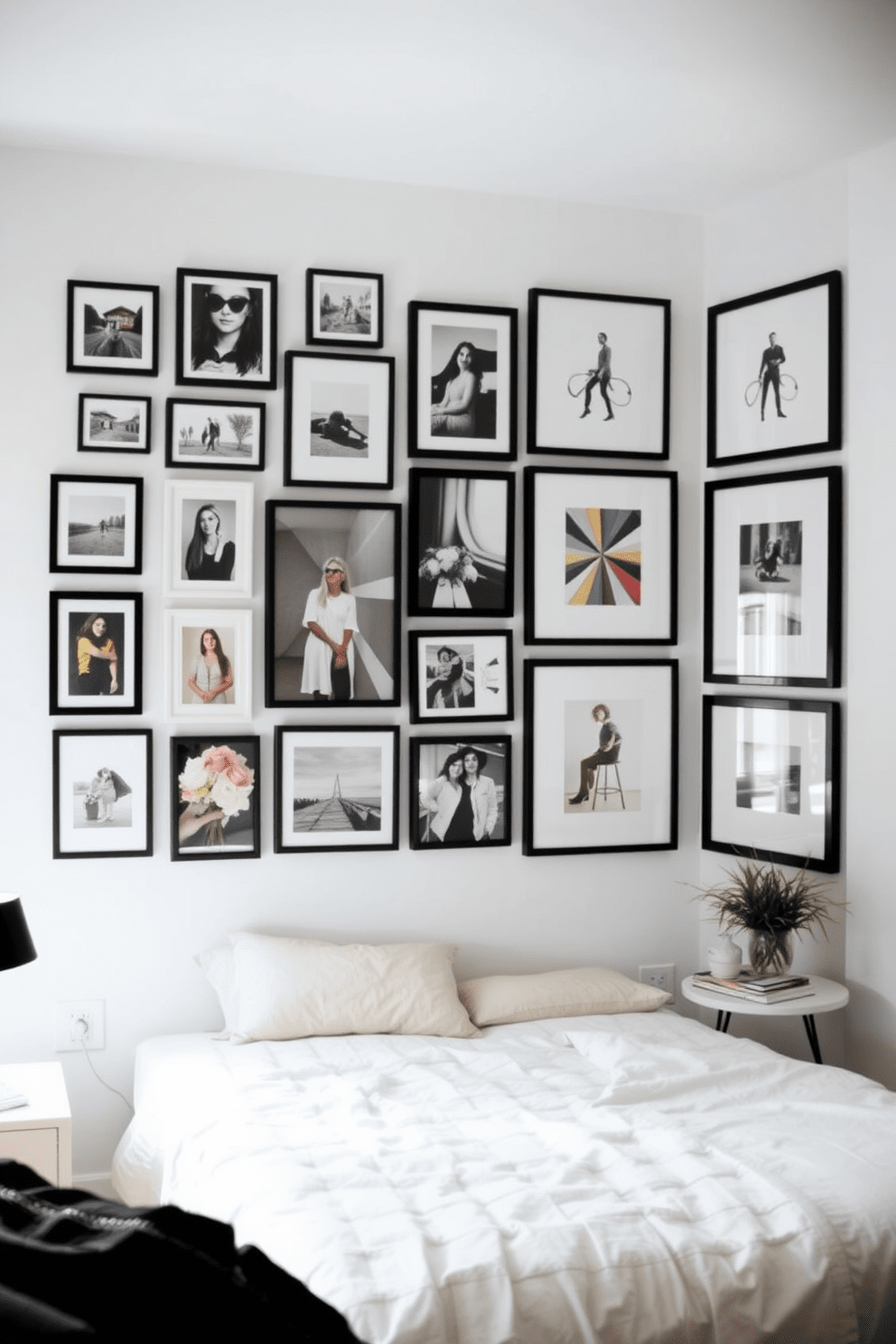 Create a gallery wall featuring an eclectic mix of framed photos in various sizes. The wall is adorned with black and white images, colorful art prints, and personal mementos, arranged in a visually pleasing layout. Design a simple bedroom that emphasizes minimalism and comfort. The space includes a low-profile bed with soft linens, a small bedside table, and a cozy reading nook by the window.