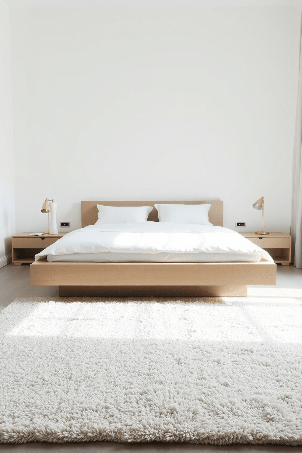 A simple bedroom design featuring a platform bed with a minimalist aesthetic. The bed is dressed in crisp white linens and flanked by sleek nightstands with modern lamps. The walls are painted in a soft neutral tone to create a calming atmosphere. A plush area rug in a light shade anchors the space, adding warmth and comfort underfoot.