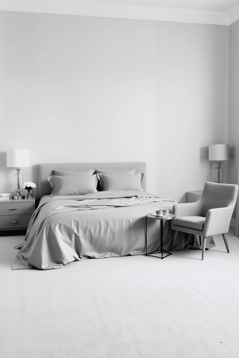 A serene bedroom setting featuring a monochromatic color scheme in soft shades of gray. The bed is dressed in luxurious gray linens with plush pillows, and a sleek nightstand stands on either side. The walls are adorned with subtle gray wallpaper, creating a calming atmosphere. A minimalist gray armchair is positioned in the corner, complemented by a small side table with a decorative lamp.