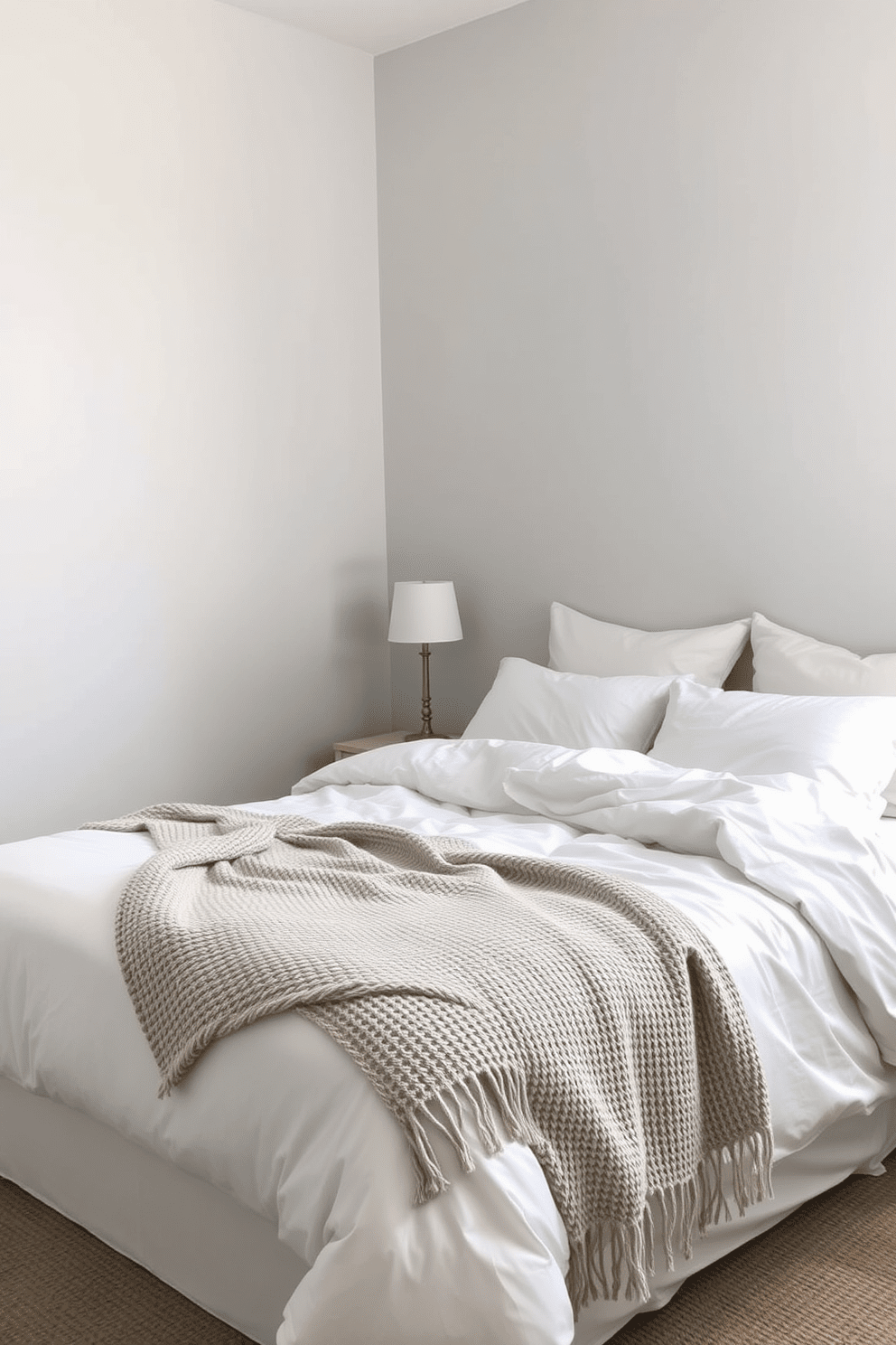 A simple bedroom design featuring a queen-sized bed with a soft white duvet and fluffy pillows. A cozy throw blanket is draped over the foot of the bed, adding warmth and texture to the space. The walls are painted in a light gray tone, creating a serene atmosphere. A small nightstand with a sleek lamp sits next to the bed, providing a touch of functionality and style.