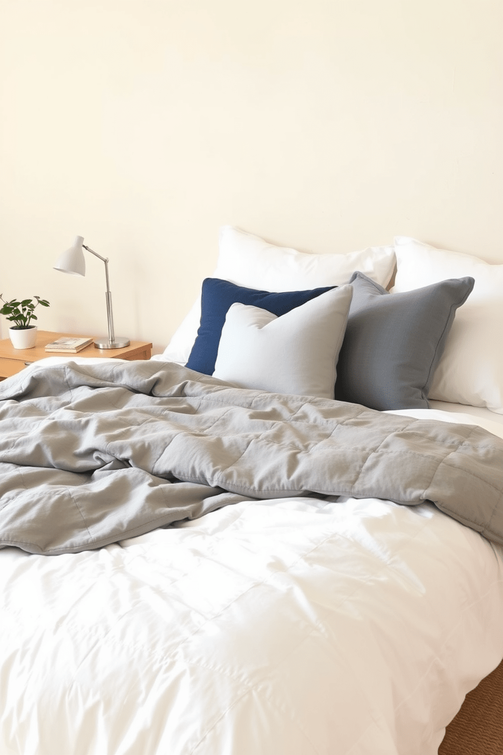 A serene bedroom setting featuring layered bedding that adds depth and comfort. The bed is dressed in soft white linens, topped with a plush gray duvet and an assortment of decorative pillows in varying shades of blue. The walls are painted in a calming light beige, creating a warm and inviting atmosphere. A simple wooden nightstand on one side holds a minimalist lamp and a small potted plant for a touch of greenery.