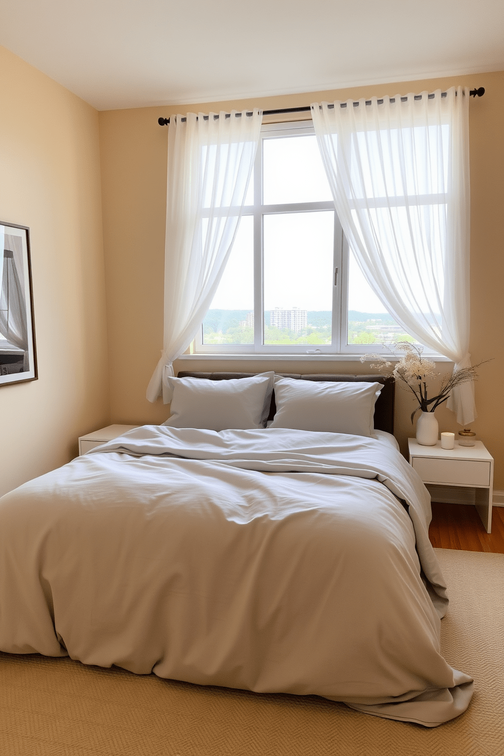 A serene bedroom oasis featuring soft neutral tones and natural textures. A plush bed with a light gray duvet is flanked by two minimalist nightstands, each adorned with a calming scented candle. The walls are painted in a warm beige, creating a cozy atmosphere. A large window allows natural light to flood the room, complemented by sheer white curtains that gently sway in the breeze.