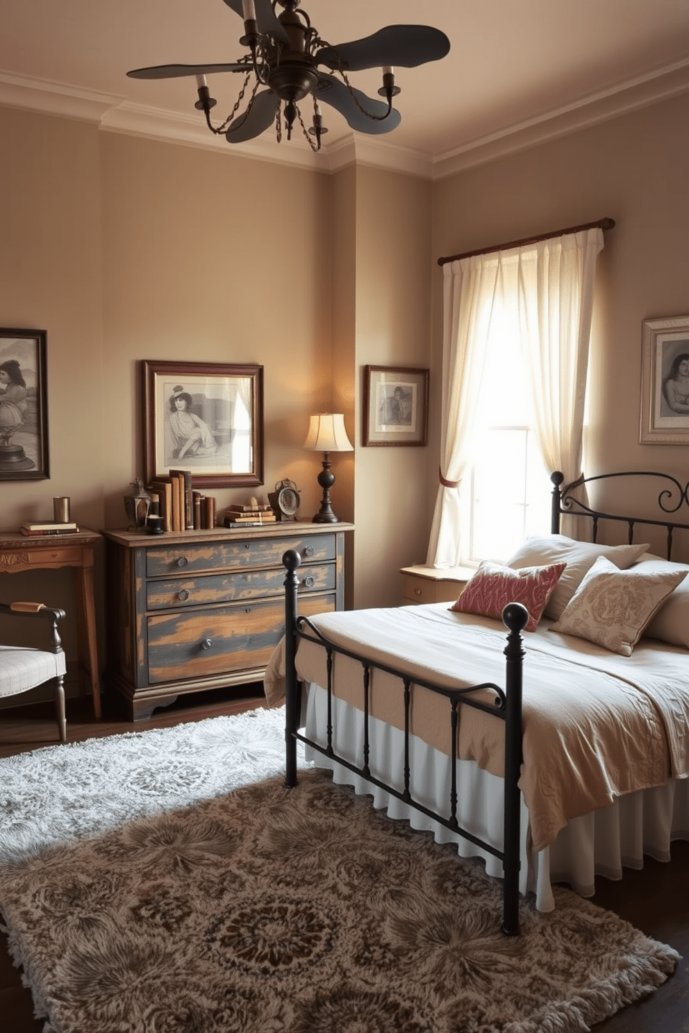 A cozy bedroom featuring vintage furniture that adds character and charm. The focal point is a wrought iron bedframe adorned with soft linens and an assortment of patterned throw pillows. A reclaimed wooden dresser sits against one wall, showcasing a collection of antique books and a small vintage lamp. A plush area rug in muted tones anchors the space, while delicate curtains filter soft natural light.