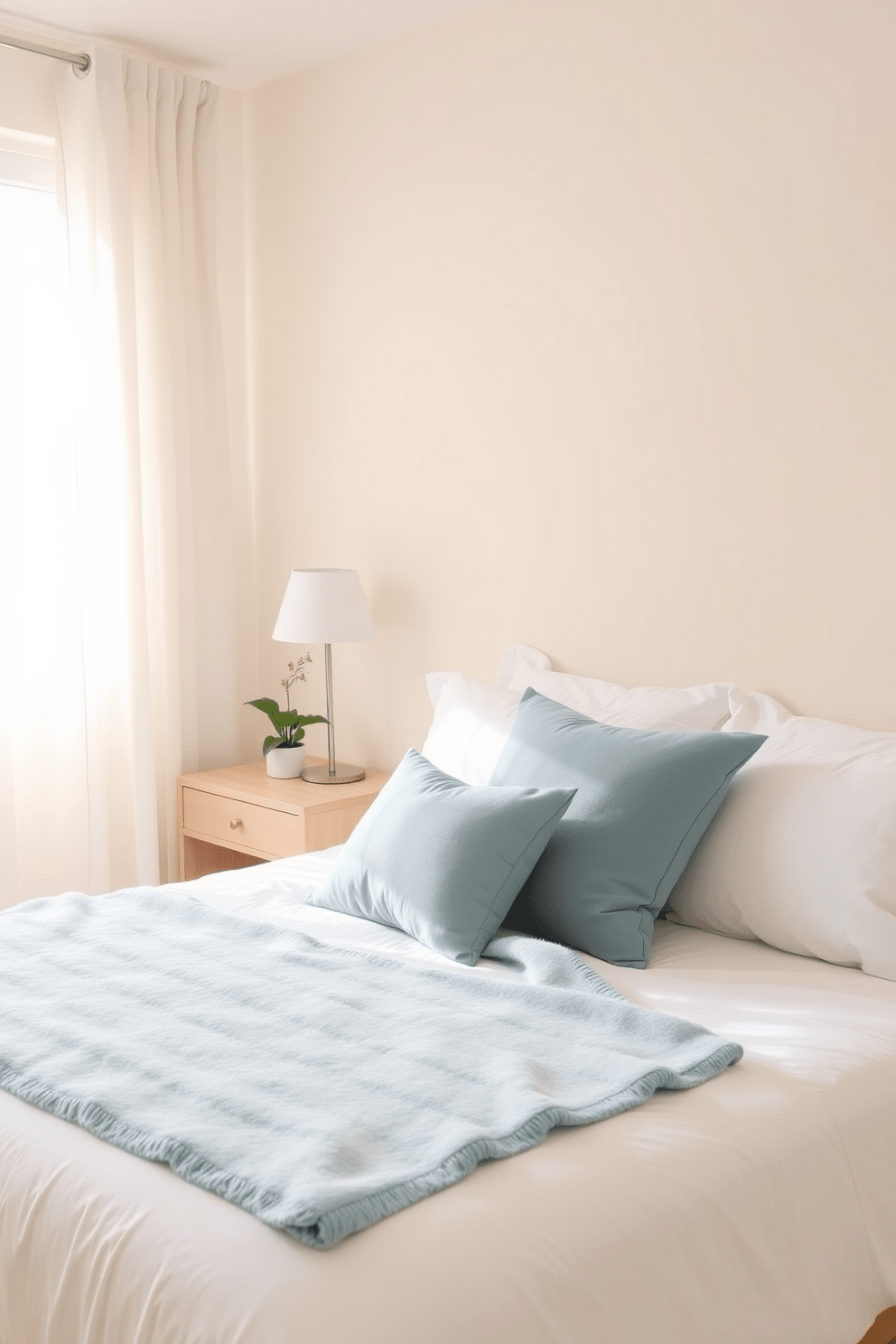 A serene bedroom retreat featuring soft pastel walls that create a calming atmosphere. The bed is dressed in white linens with a light blue throw blanket draped across the foot, complemented by plush pillows in varying shades of blue. A minimalist nightstand made of light wood sits beside the bed, adorned with a small potted plant and a stylish lamp. Natural light floods the room through sheer curtains, enhancing the soft color palette and inviting a tranquil ambiance.