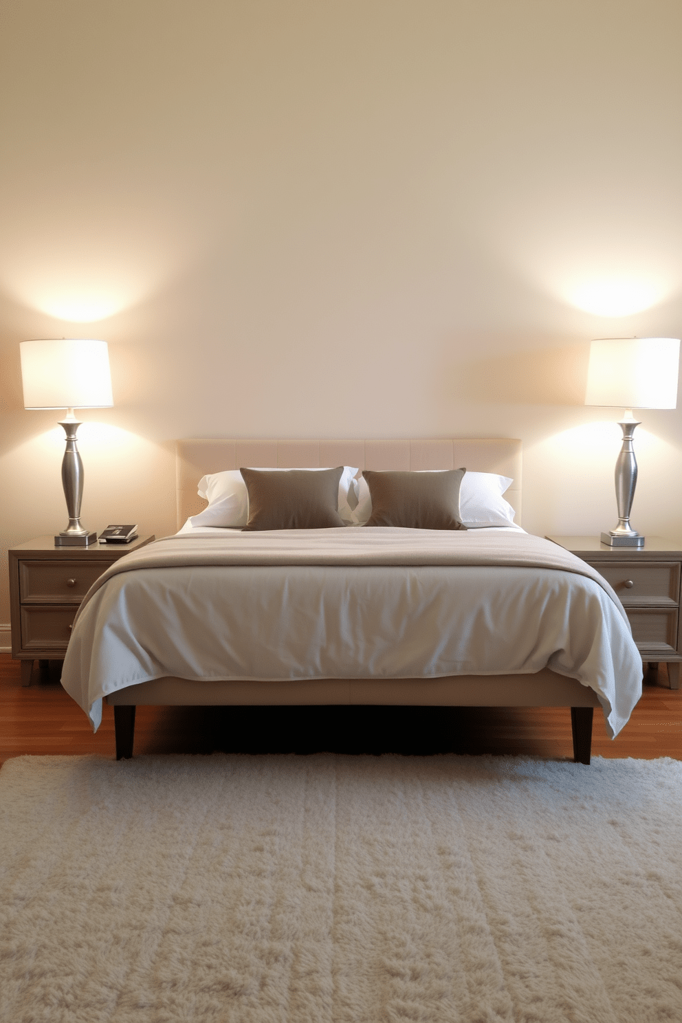 A serene bedroom setting that emphasizes symmetry. On either side of a plush queen-sized bed, there are matching nightstands with elegant lamps that cast a warm glow. The walls are painted in a soft beige hue, creating a calming atmosphere. A cozy area rug lies underfoot, complementing the wooden flooring and adding texture to the space.