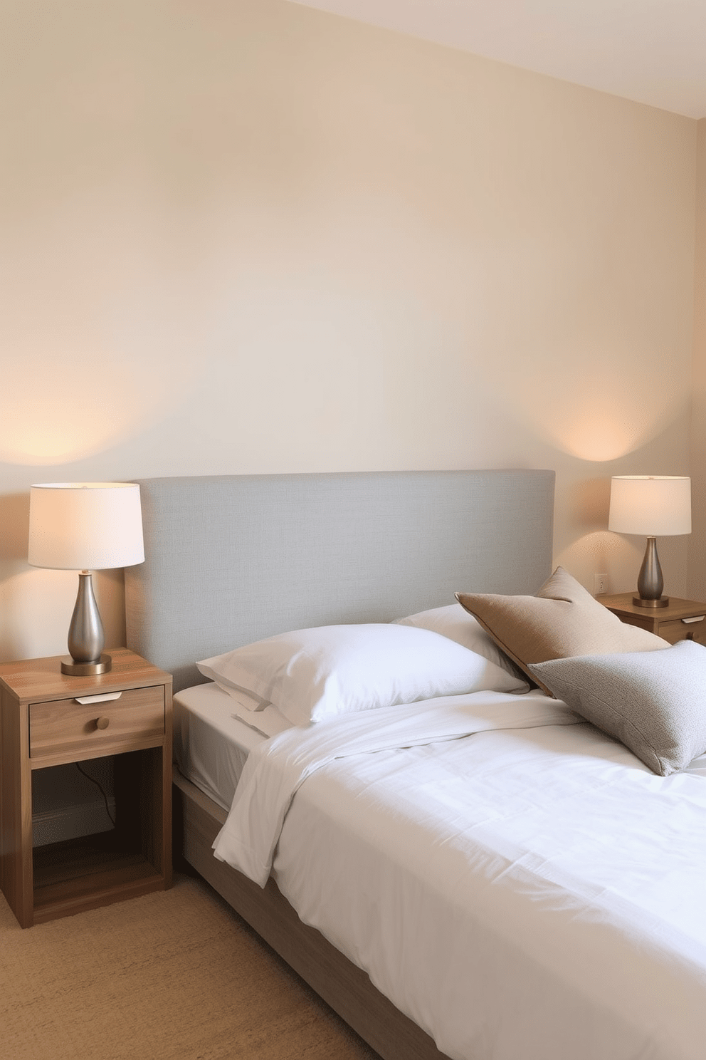 A serene bedroom atmosphere featuring a low-profile headboard upholstered in soft gray fabric. The walls are painted in a light beige tone, creating a warm and inviting backdrop for the space. A cozy bed is dressed in crisp white linens, complemented by a few textured throw pillows in muted earth tones. A pair of minimalist nightstands in natural wood flank the bed, each topped with a stylish lamp for soft ambient lighting.