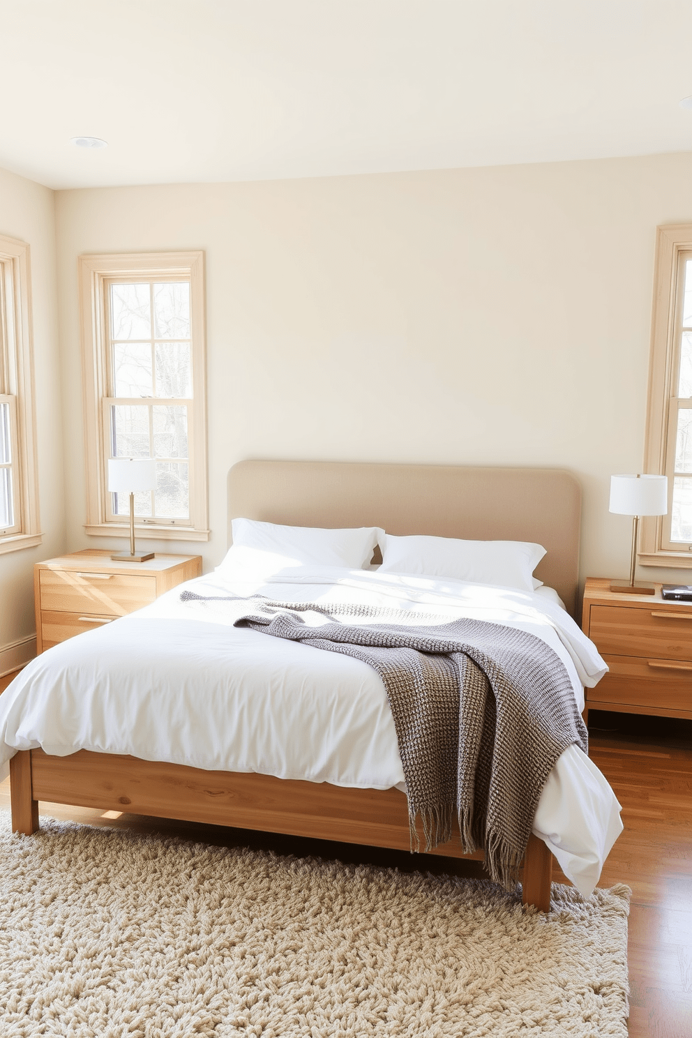 A cozy bedroom featuring light wood furniture that adds warmth to the space. The bed is dressed in soft white linens with a textured throw blanket draped over the edge. A pair of minimalist nightstands flanks the bed, each topped with a sleek lamp for soft lighting. The walls are painted in a soft beige, creating a calm and inviting atmosphere. A plush area rug in neutral tones anchors the space, adding comfort underfoot. Large windows allow natural light to flood the room, enhancing the serene ambiance.