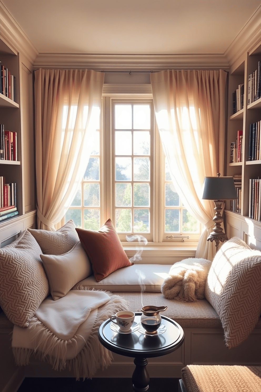 A cozy window seat area with plush cushions and soft throws invites relaxation. Sunlight streams through sheer curtains, illuminating the space and creating a warm atmosphere. The window seat is surrounded by built-in bookshelves filled with favorite reads. A small side table holds a steaming cup of tea and a decorative lamp for evening ambiance.