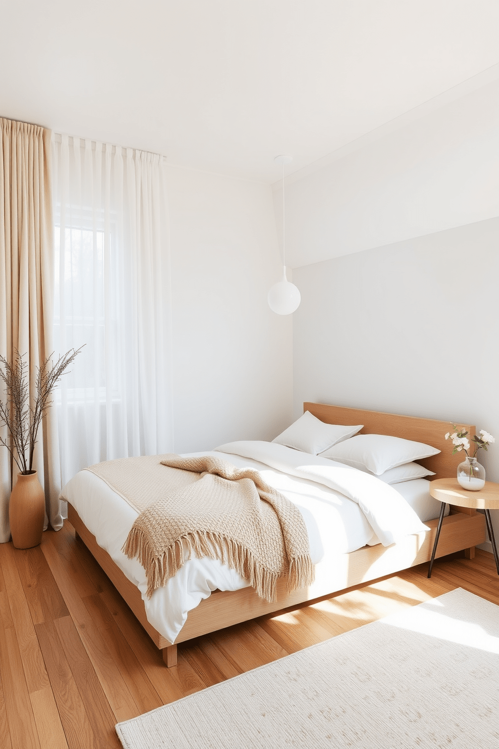 Create a cozy bedroom with a minimalist aesthetic. The walls are painted in a soft neutral tone and the flooring features natural wood. Include a low-profile bed with crisp white linens and a plush throw blanket. Hang curtains high above the windows to enhance the feeling of ceiling height.