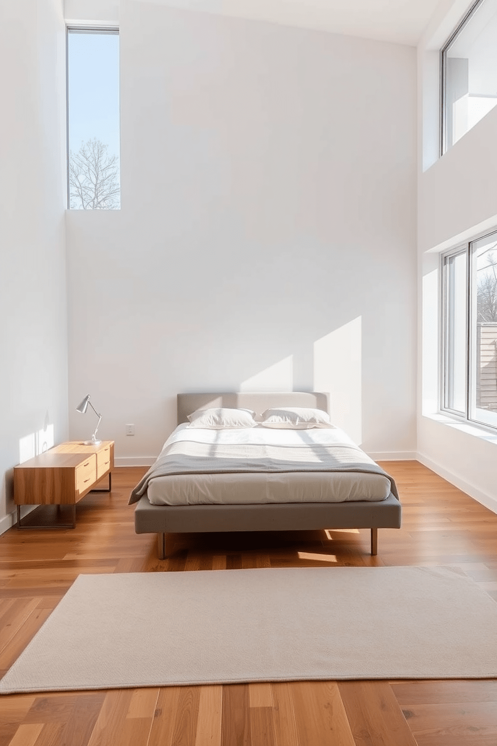 A serene bedroom featuring minimalist furniture with clean lines and a neutral color palette. The bed is positioned centrally with a low-profile frame and soft bedding, while a small nightstand holds a single lamp. The open space is enhanced by large windows that allow natural light to flood in, creating a bright and airy atmosphere. A simple area rug defines the space, complementing the wooden floor and adding warmth to the overall design.