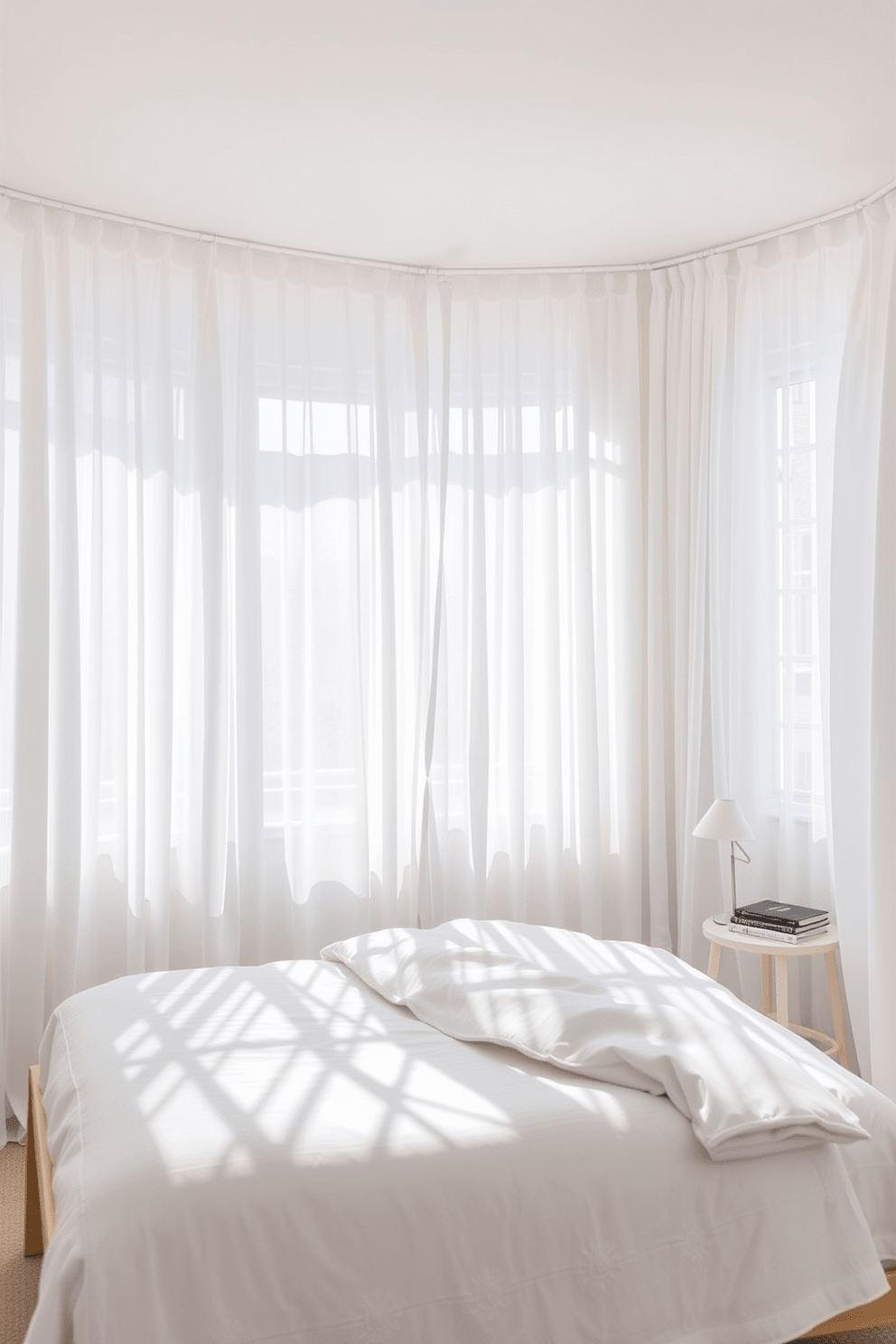 A bright and airy bedroom flooded with natural light. Sheer white curtains gently filter the sunlight, creating a soft and inviting atmosphere. The room features a minimalist bed with a light wood frame and crisp white linens. A small bedside table holds a simple lamp and a few books, enhancing the serene ambiance.