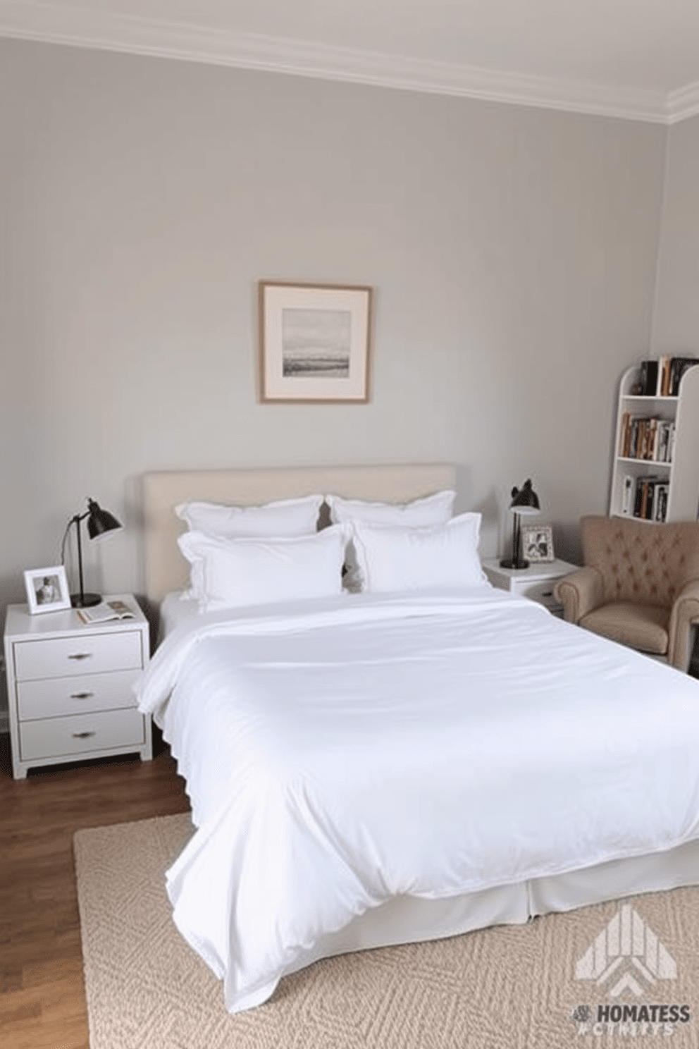 A serene bedroom space featuring a comfortable queen-sized bed dressed in soft white linens. A pair of minimalist nightstands flank the bed, each adorned with a small lamp and a personal photo. The walls are painted in a calming light gray, creating a tranquil atmosphere. A cozy reading nook is created by a plush armchair in the corner, complemented by a small bookshelf filled with favorite novels. A simple piece of artwork hangs above the bed, adding a personal touch to the decor. The floor is covered with a soft area rug that invites relaxation and warmth.