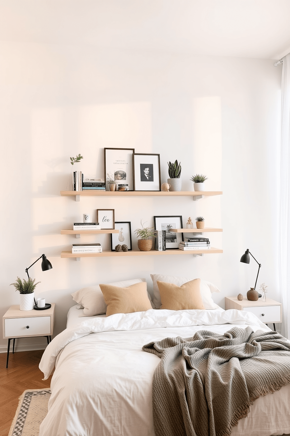 A serene bedroom featuring floating shelves adorned with carefully curated decor items. The walls are painted in a soft pastel hue, and a cozy bed is positioned against the focal wall, complemented by minimalist bedside tables. The floating shelves display a mix of books, plants, and decorative objects, creating an inviting atmosphere. Natural light filters through sheer curtains, enhancing the tranquil vibe of the space.