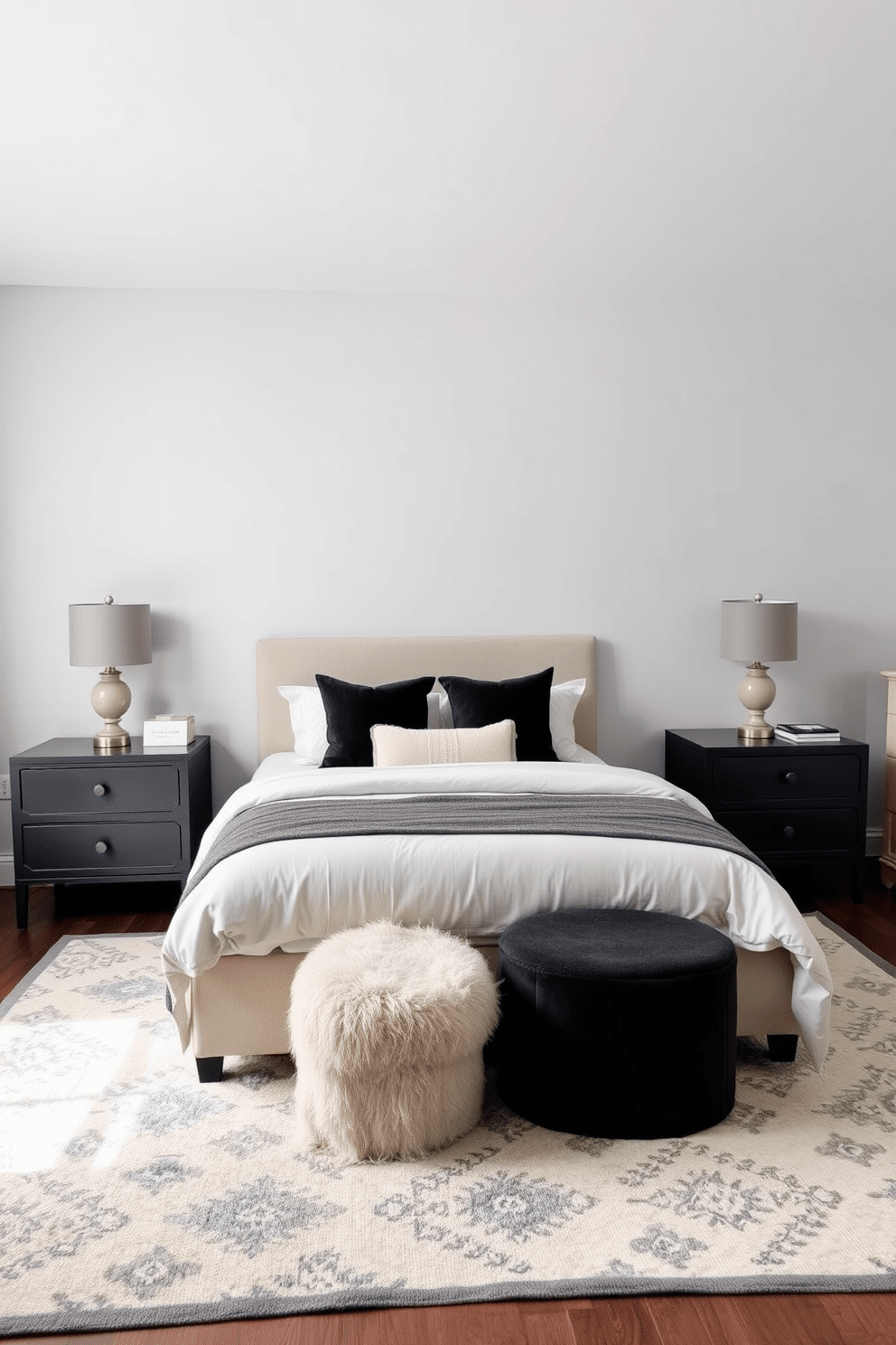 A cozy bedroom featuring a statement rug that adds warmth and texture to the space. The bed is dressed in soft, neutral linens with a pair of matching bedside tables on either side, topped with stylish lamps. The walls are painted in a calming light gray hue, creating a serene atmosphere. A minimalist dresser sits against one wall, adorned with a few carefully selected decorative items.