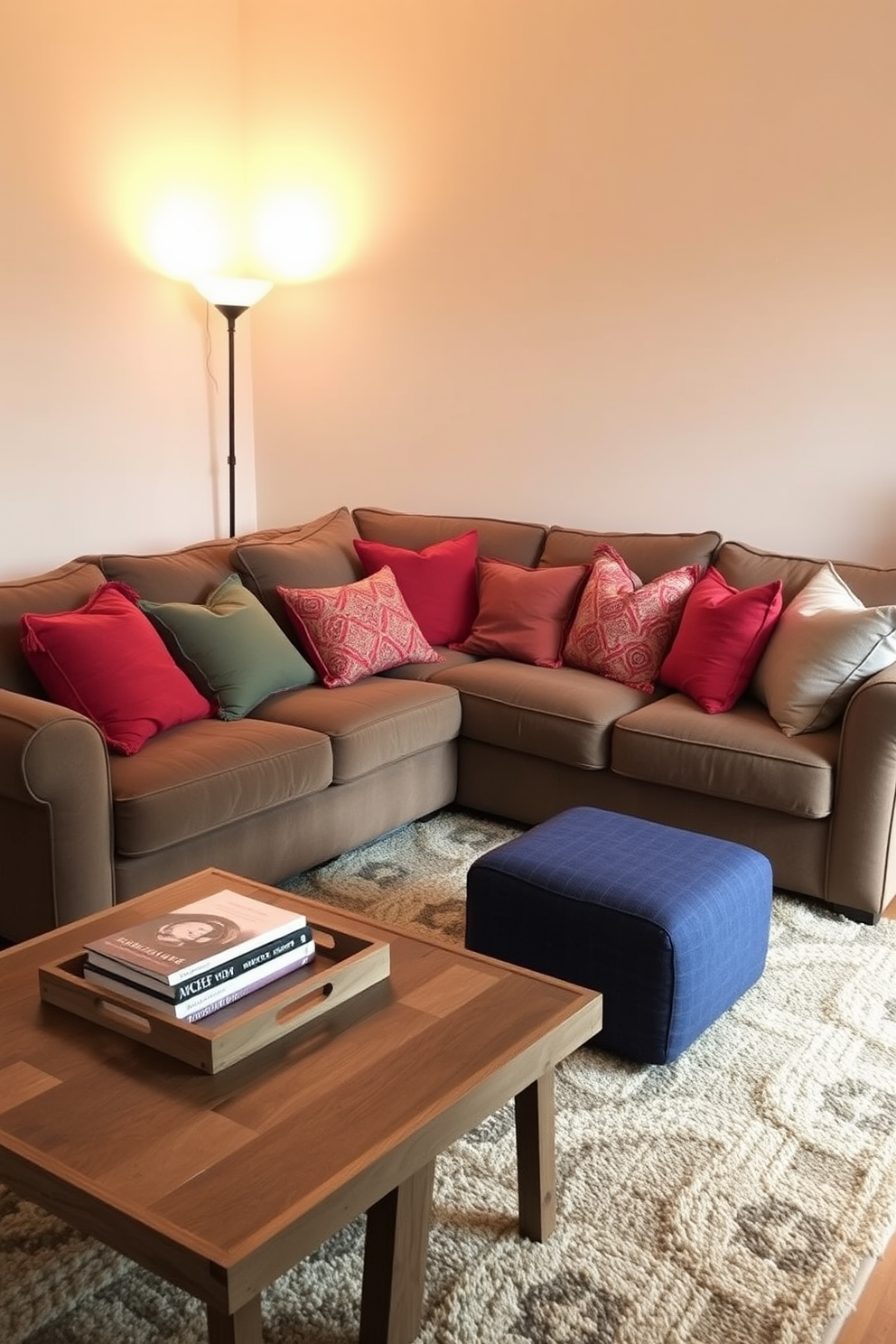 Cozy sectional sofa with colorful pillows. The room features warm lighting and a soft area rug, creating an inviting atmosphere for family gatherings. The walls are painted in a light neutral tone, enhancing the brightness of the space. A wooden coffee table sits in front of the sofa, adorned with a few books and a decorative tray.