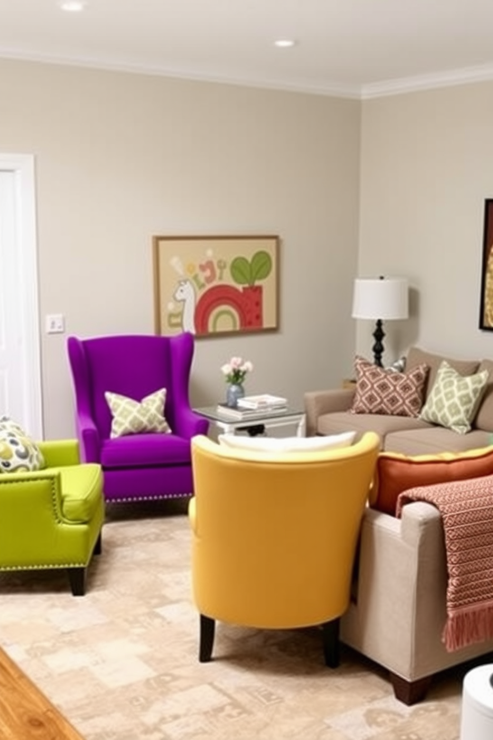 Accent chairs in vibrant colors create a focal point in a cozy family room. The room features neutral walls and a soft area rug, allowing the chairs to stand out and add personality. Simple family room design ideas emphasize comfort and functionality. Incorporate a large sectional sofa, a coffee table, and playful artwork to create an inviting atmosphere for family gatherings.