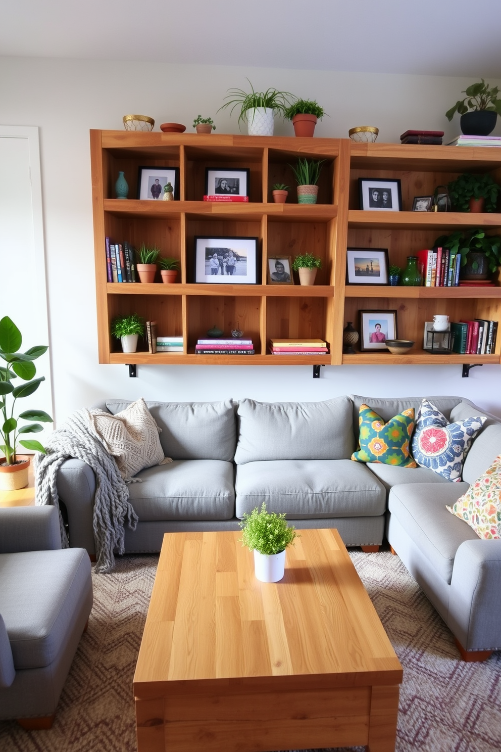 Open shelving creates a warm and inviting atmosphere in a family room while providing easy access to books and decorative items. The shelves are made of reclaimed wood, adding a rustic touch, and are filled with a mix of family photos, potted plants, and colorful books. The seating area features a comfortable sectional sofa upholstered in a soft gray fabric, complemented by a chunky knit throw and vibrant accent pillows. A large area rug anchors the space, while a coffee table with a natural wood finish serves as a functional centerpiece.