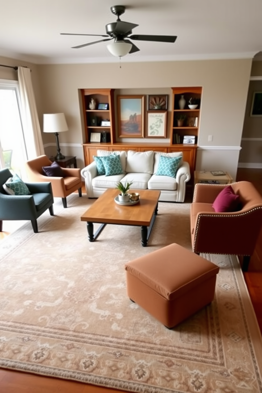 A cozy family room featuring a large area rug that anchors the seating arrangement. The rug is a soft, neutral color with subtle patterns, complementing the warm tones of the furniture. The room includes a comfortable sofa adorned with colorful throw pillows. A wooden coffee table sits at the center, surrounded by stylish accent chairs to create an inviting atmosphere.