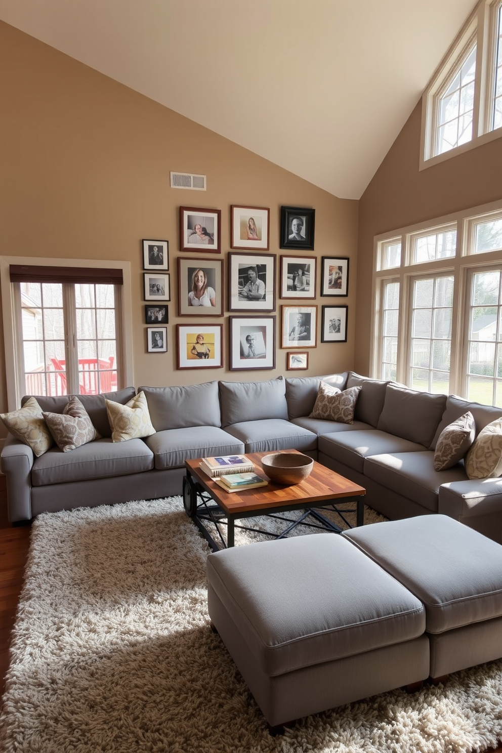 A cozy family room featuring a large sectional sofa in a soft gray fabric. A wooden coffee table sits in the center, adorned with a stack of books and a decorative bowl. The walls are painted in a warm beige tone, complemented by a series of personalized artworks arranged in a gallery style. A plush area rug anchors the space, while large windows allow natural light to flood in, creating an inviting atmosphere.