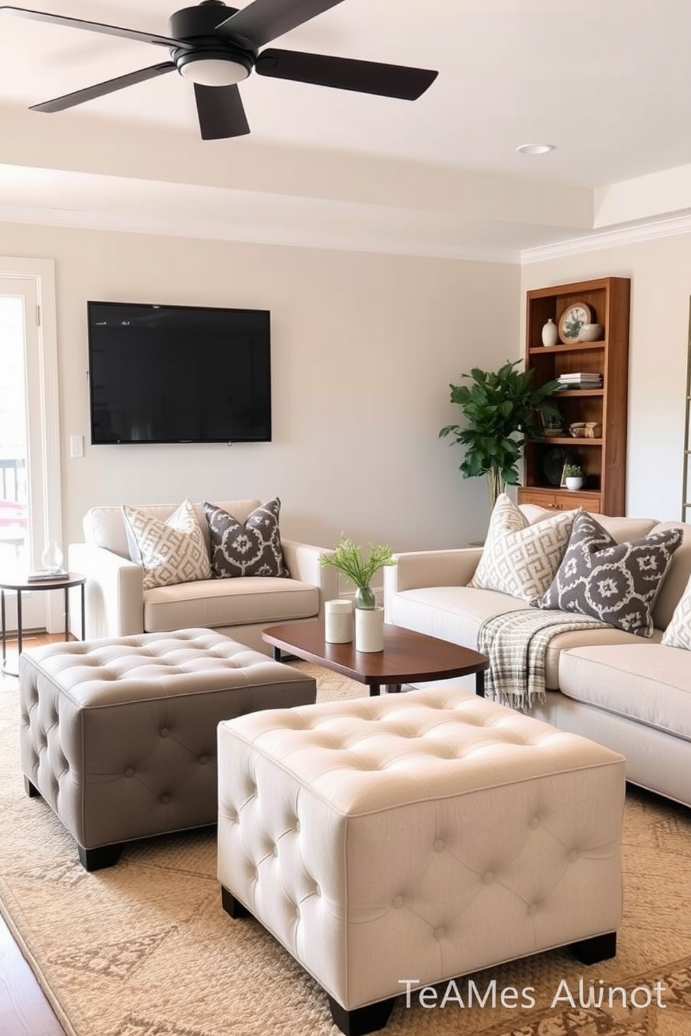 Stylish ottomans for extra seating. The room features a cozy family atmosphere with a neutral color palette and soft lighting. Simple family room design ideas. Incorporate a mix of textures with a plush area rug and comfortable seating arrangements to enhance relaxation.