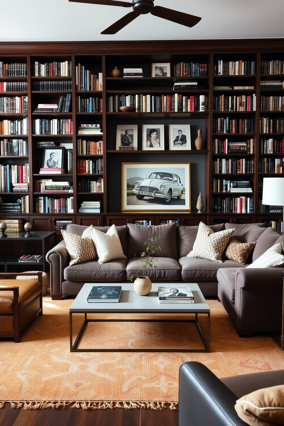 A cozy family room featuring a large bookcase filled with favorite reads. The bookcase is made of dark wood, showcasing a variety of books and decorative items. In the center of the room, a comfortable sectional sofa is arranged around a sleek coffee table. Soft throw pillows and a warm area rug add texture and warmth to the space.