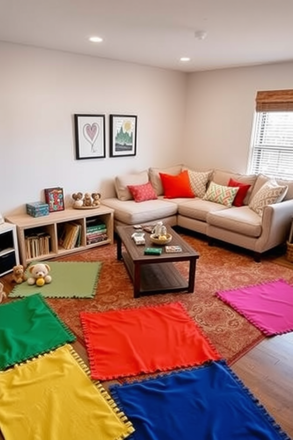 A cozy kids play corner features soft, colorful mats spread across the floor to create a safe and inviting space. Plush toys and low shelves filled with books and games are arranged to encourage creativity and play. The family room design incorporates a comfortable sectional sofa in neutral tones, complemented by bright accent pillows. A large area rug anchors the space, while a coffee table in the center provides a perfect spot for family gatherings and games.