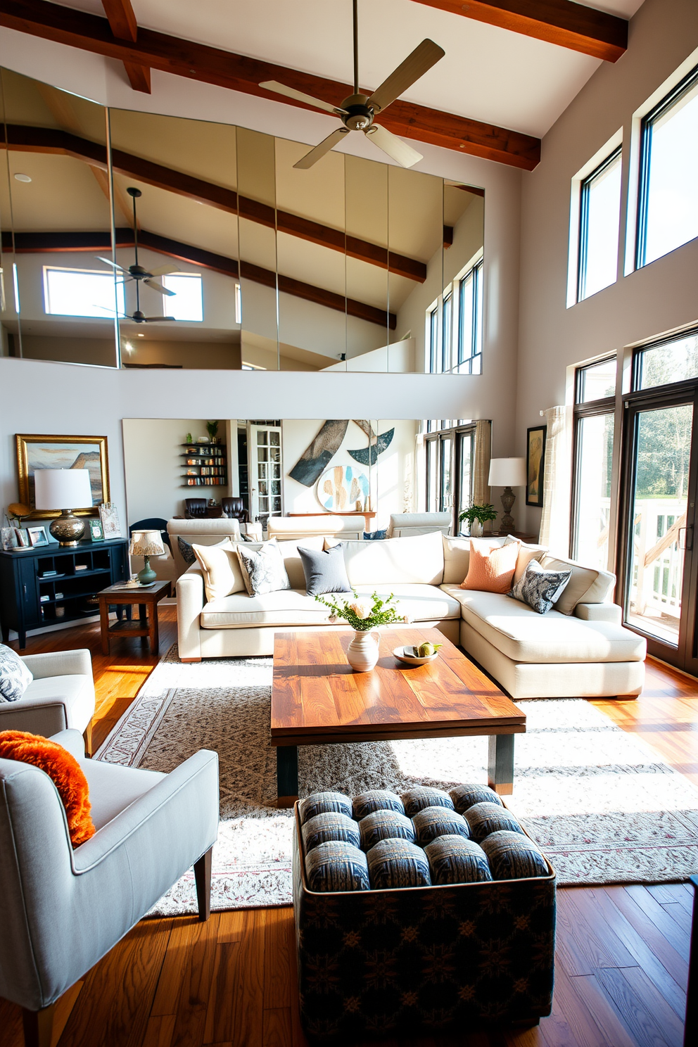 A cozy family room featuring large mirrors on the walls to enhance the sense of space. The room is furnished with a plush sectional sofa in neutral tones, complemented by colorful throw pillows and a soft area rug. Natural light floods the space through large windows, highlighting the warm wooden floors. A coffee table made of reclaimed wood sits at the center, surrounded by stylish accent chairs and a few curated decorative pieces.