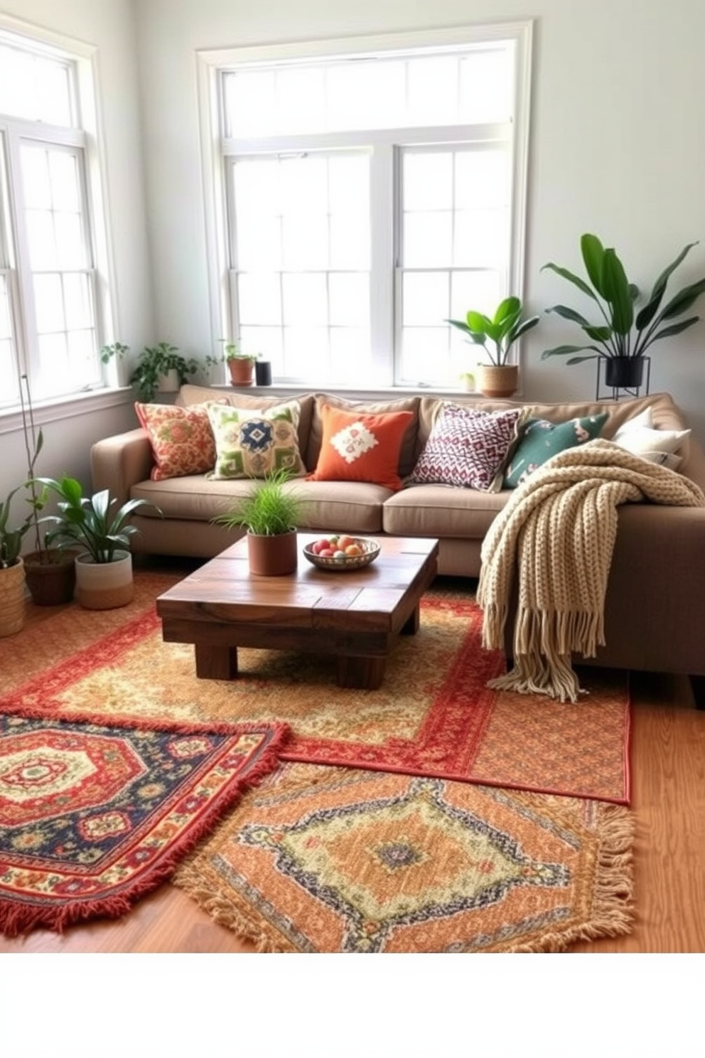 A cozy family room featuring layered rugs that add depth and texture to the space. The room includes a comfortable sectional sofa adorned with colorful throw pillows, a coffee table made of reclaimed wood, and a soft knit blanket draped over the armrest. Natural light floods the room through large windows, enhancing the warm tones of the decor. A few potted plants are strategically placed around the room to bring a touch of greenery and life to the design.