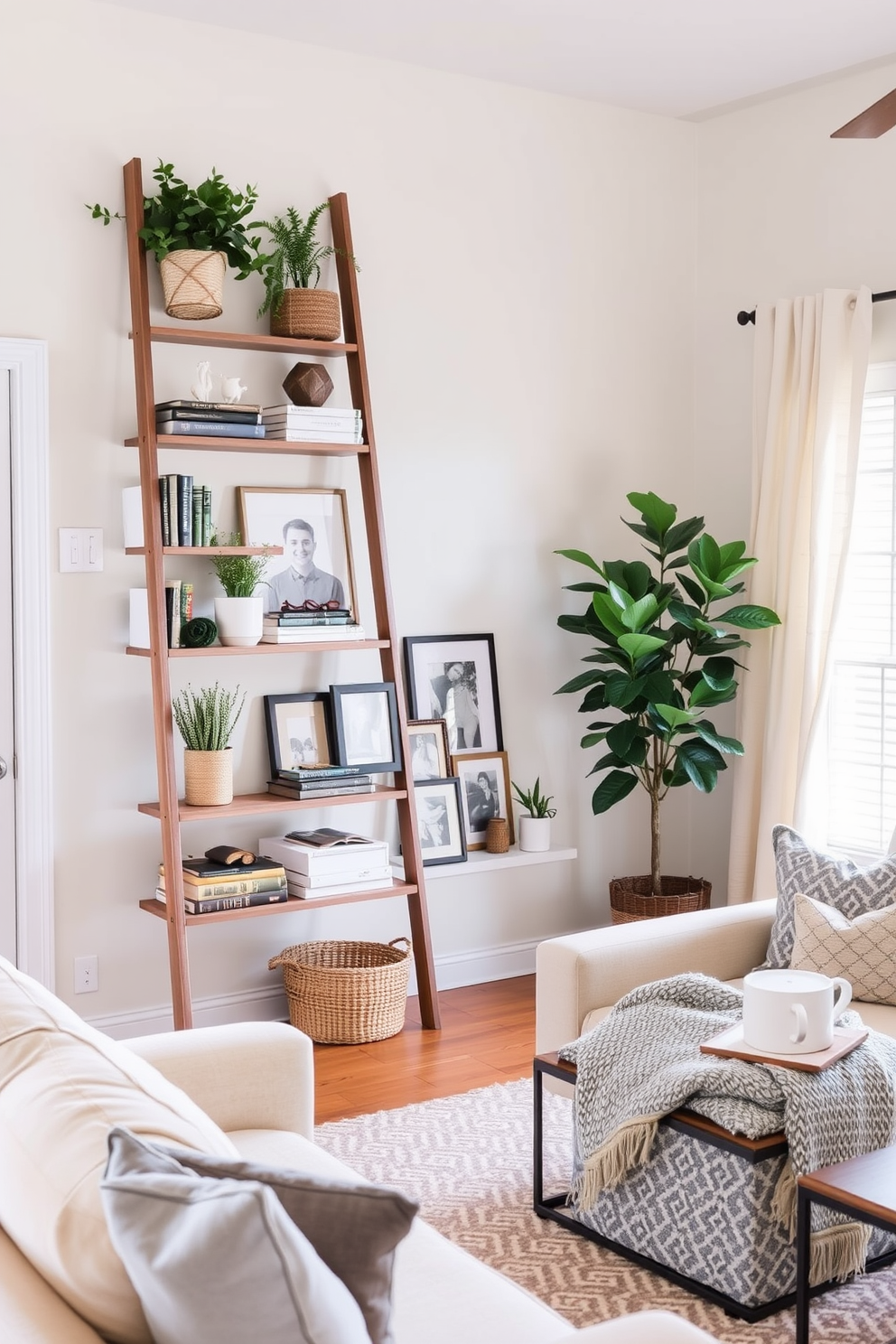 A cozy family room featuring a stylish ladder shelf adorned with decorative items such as books, plants, and framed photos. The room is designed with a neutral color palette, complemented by a comfortable sofa and a soft area rug to create an inviting atmosphere.