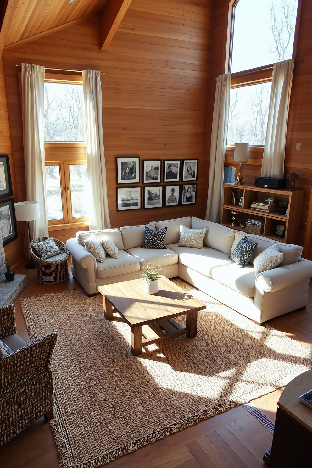 Warm wood tones create a cozy atmosphere in the family room. The space features a large sectional sofa in soft beige, complemented by a rustic wooden coffee table and a woven area rug. Natural light floods the room through large windows adorned with light linen curtains. A gallery wall displays family photos in simple frames, enhancing the inviting ambiance.