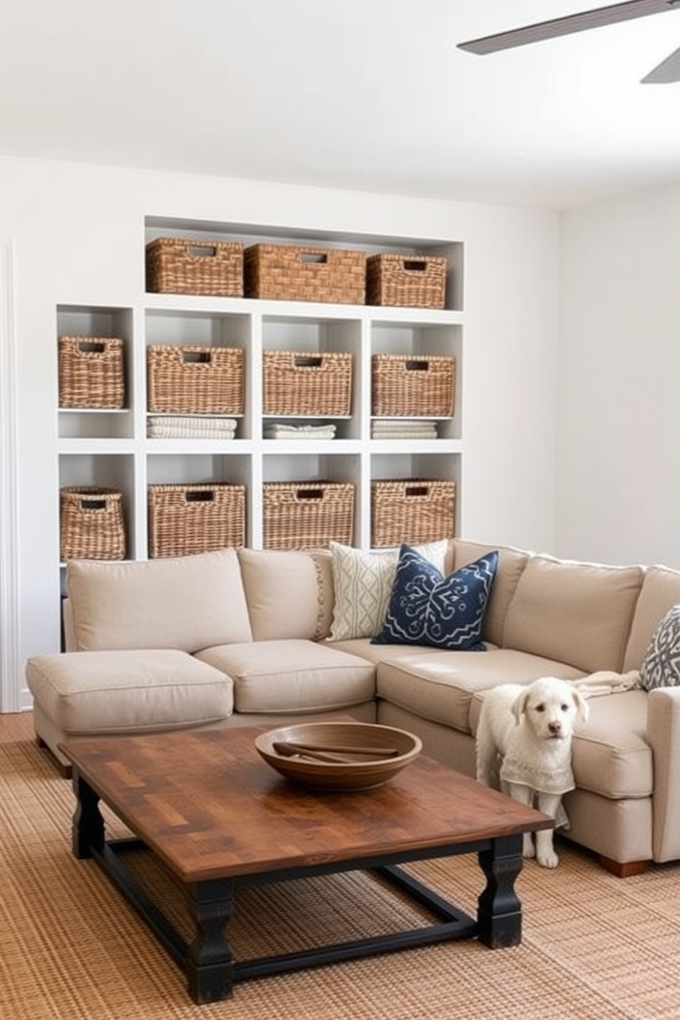 Chic storage baskets for organization. The room features woven baskets in varying sizes, neatly arranged on open shelves and adding texture to the space. Simple family room design ideas. A cozy sectional sofa is paired with a rustic coffee table, while soft throw pillows and a warm area rug create an inviting atmosphere.