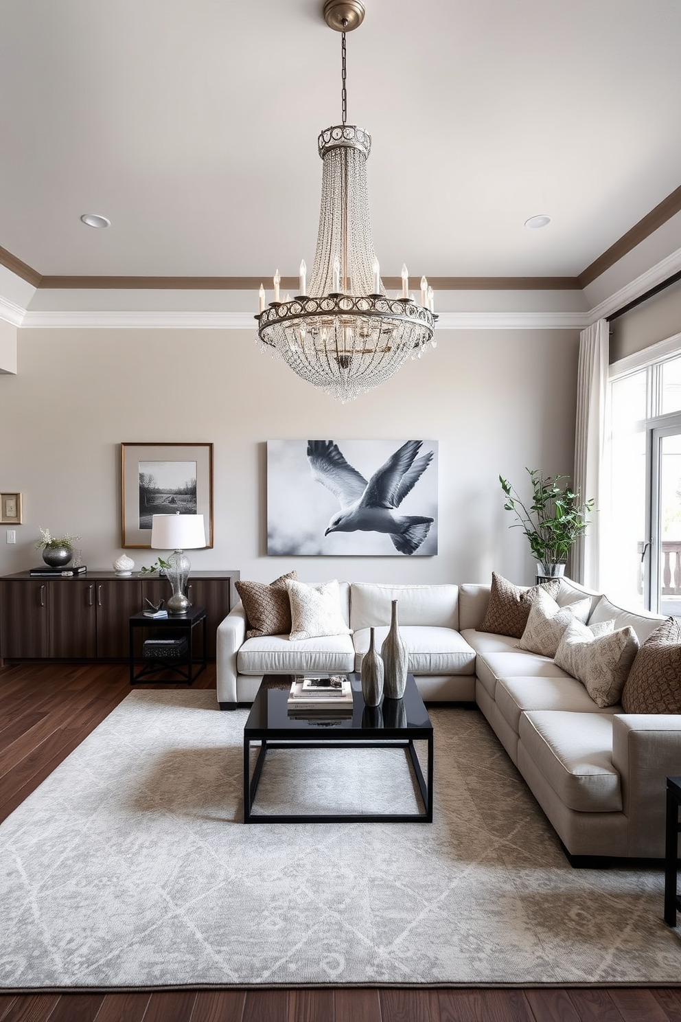 A statement chandelier hangs elegantly from the ceiling, serving as the focal point of the room. The chandelier's intricate design draws the eye upward, enhancing the spaciousness of the area. The family room features a cozy sectional sofa adorned with textured throw pillows. A large area rug anchors the space, while a sleek coffee table sits at the center, perfect for family gatherings.