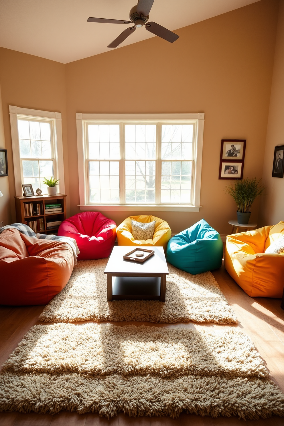 A cozy family room featuring colorful bean bags arranged in a casual layout. The walls are painted in a soft beige, and natural light floods in through large windows, creating an inviting atmosphere. A low coffee table sits in the center, surrounded by plush rugs that add warmth to the space. A few framed family photos adorn the walls, adding a personal touch to the room.