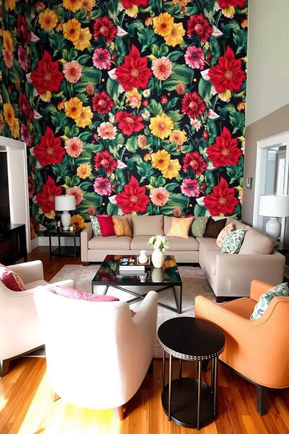 A family room with bold wallpaper featuring a vibrant floral pattern that creates a dramatic focal point. The room includes a comfortable sectional sofa in a neutral tone, complemented by colorful throw pillows that echo the wallpaper's hues. The flooring is a warm hardwood that adds richness to the space, while a large area rug defines the seating area. A sleek coffee table sits in the center, surrounded by stylish accent chairs that invite conversation and relaxation.