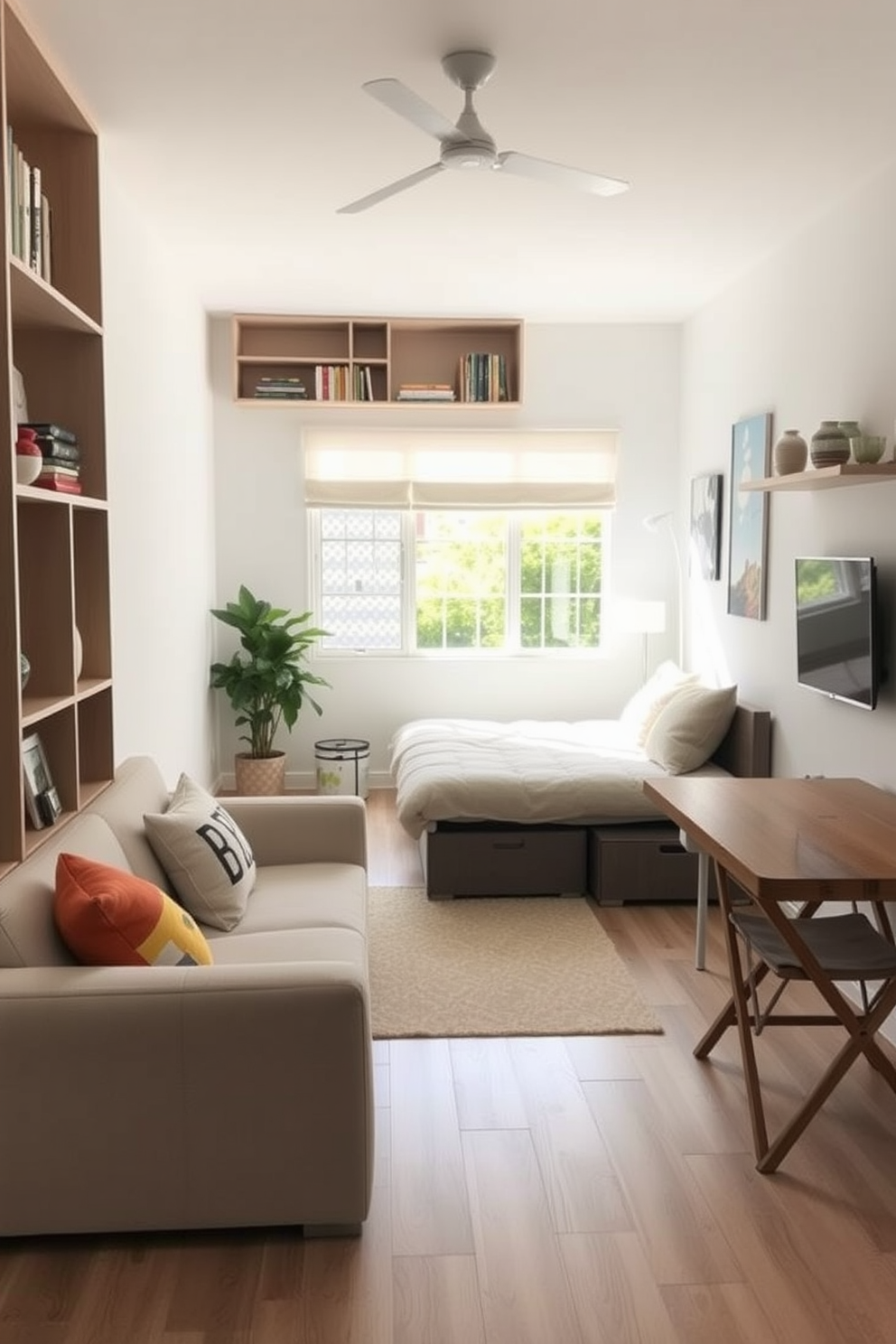 A cozy family room featuring multi-functional furniture that maximizes space. The room includes a sleek sofa that converts into a bed and a coffee table with hidden storage. Bright and airy, the family room is designed with soft neutral tones and playful accents. A wall-mounted shelf holds books and decorative items, while a foldable dining table can be tucked away when not in use.