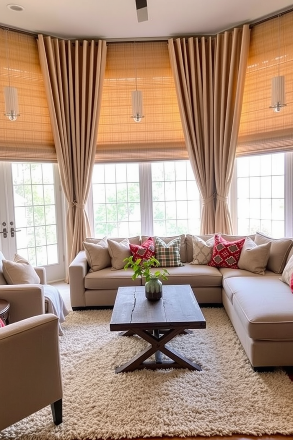 Textured curtains drape gracefully over large windows, allowing soft natural light to filter into the space. The fabric features a subtle pattern that complements the room's color palette, adding depth and warmth. The family room is designed with a cozy sectional sofa in a neutral tone, paired with a mix of colorful throw pillows for a playful touch. A rustic coffee table sits at the center, surrounded by a plush area rug that invites relaxation and conversation.