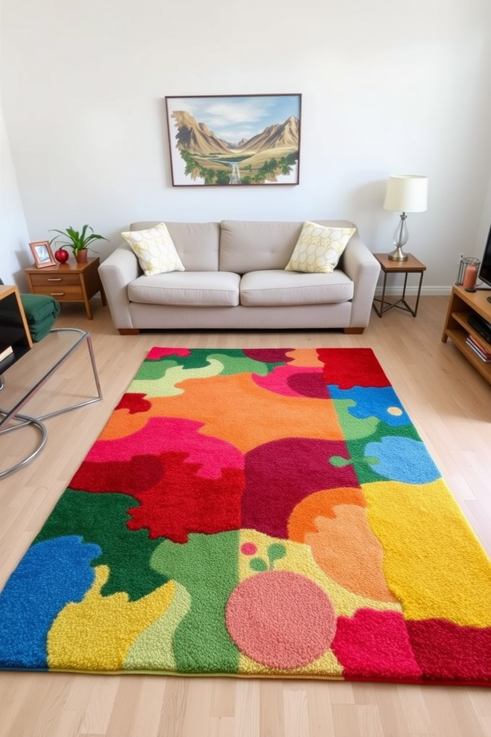 A colorful area rug is placed in the center of a simple family room, bringing warmth and vibrancy to the space. The room features a cozy sofa with soft cushions, complemented by a wooden coffee table and light-colored walls.