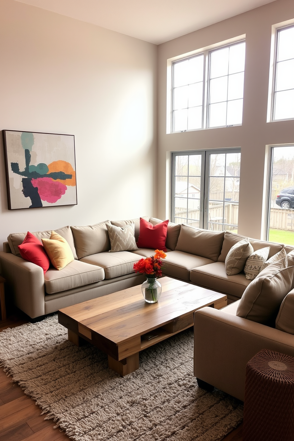 A cozy family room features a neutral color palette dominated by soft beige and warm gray tones. Bold accents come from vibrant throw pillows and a striking piece of abstract art on the wall. The furniture includes a comfortable sectional sofa and a stylish coffee table made of reclaimed wood. A plush area rug anchors the space, while large windows allow natural light to flood in, creating an inviting atmosphere.