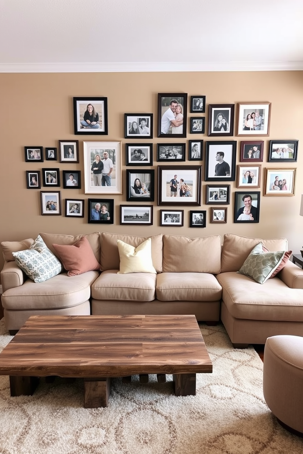 A gallery wall adorned with framed family photos showcasing various sizes and styles of frames. The wall is painted in a soft beige color, providing a warm backdrop that enhances the memories displayed. A cozy family room featuring a plush sectional sofa in a neutral tone. The room is accented with a large area rug, a coffee table made of reclaimed wood, and a few throw pillows to add a pop of color.