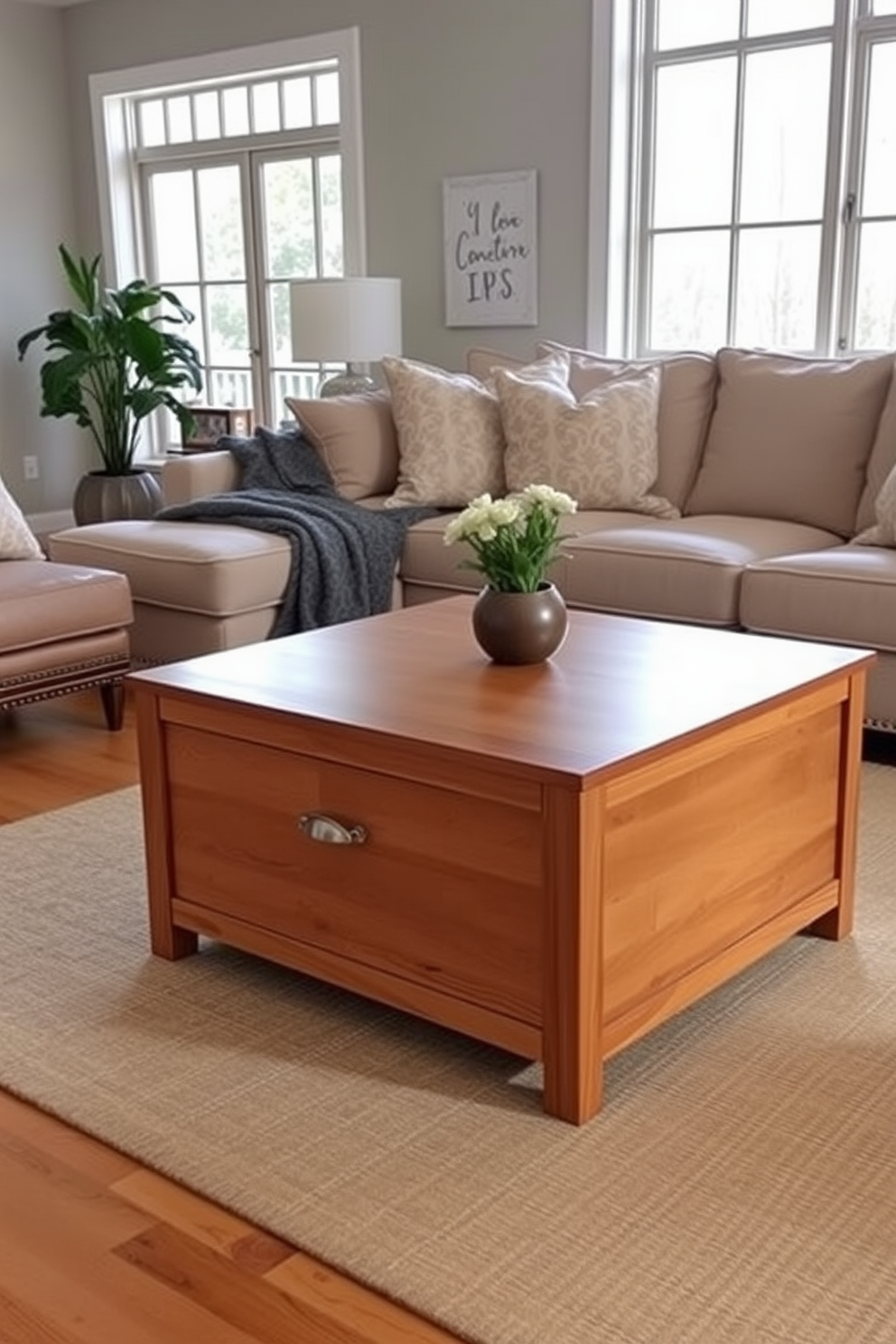 A functional coffee table with built-in storage sits at the center of a cozy family room. The table features a warm wood finish and a minimalist design that complements the surrounding furniture. The family room is adorned with a soft sectional sofa in a neutral color, creating a welcoming atmosphere. Large windows allow natural light to fill the space, enhancing the inviting feel of the room.