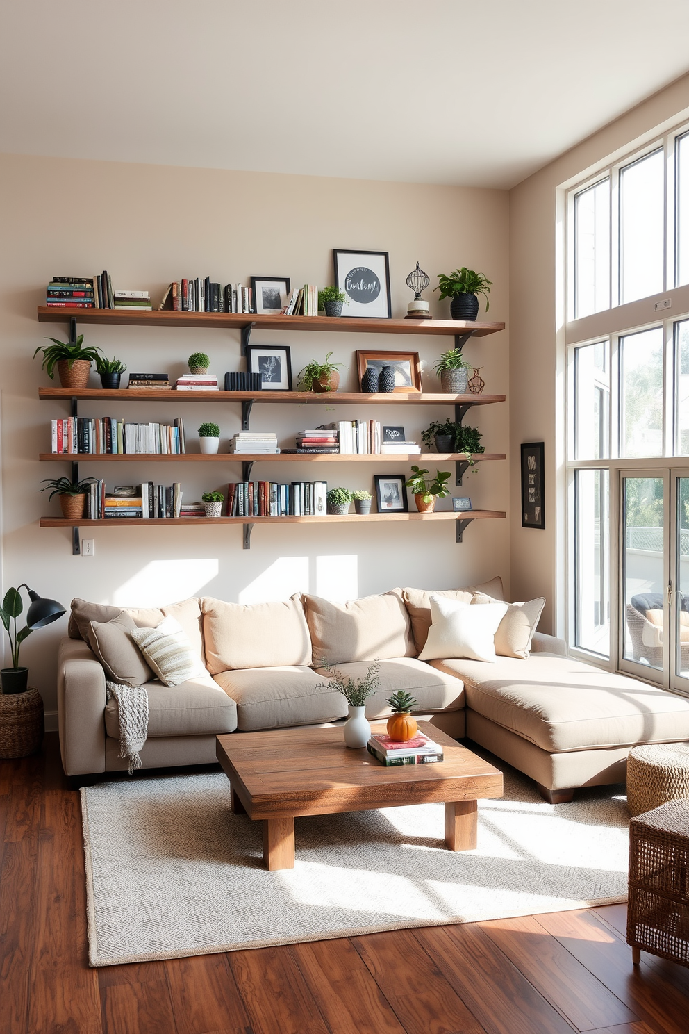 A cozy family room features floating shelves that display a curated selection of books, plants, and decorative items. The walls are painted in a soft beige, and a plush sectional sofa is arranged around a rustic wooden coffee table. Natural light streams in through large windows, illuminating the space and creating a warm atmosphere. A neutral area rug anchors the seating area, adding texture and comfort to the room.