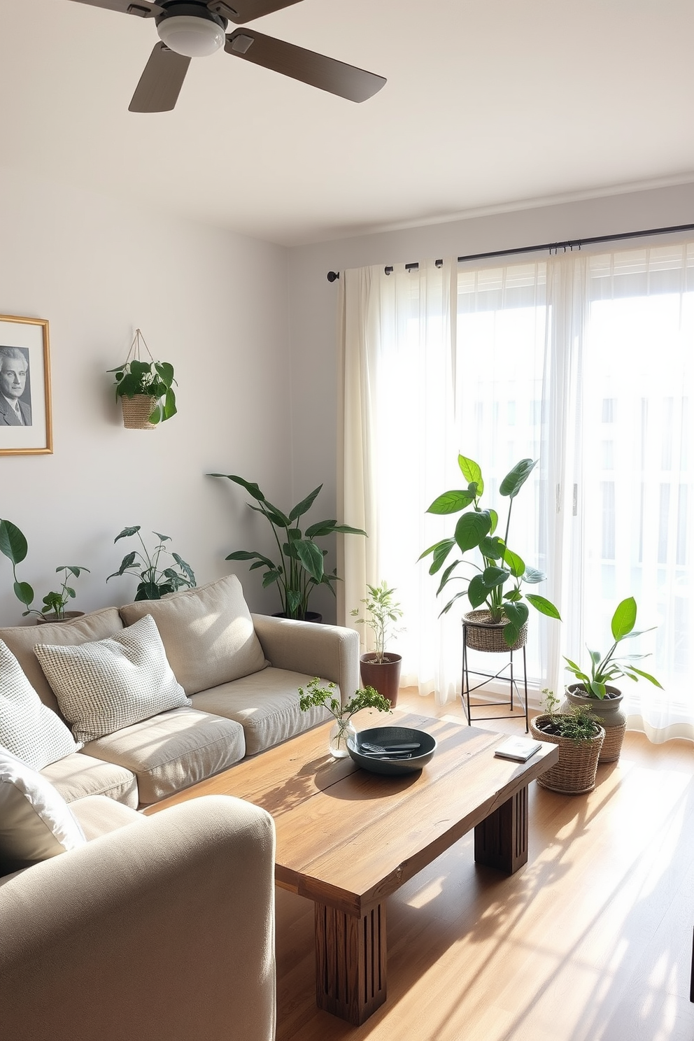 A cozy family room filled with natural light. There are several indoor plants placed strategically around the room, adding a fresh and lively atmosphere. The seating arrangement includes a comfortable sofa with soft cushions and a coffee table made of reclaimed wood. A large window with sheer curtains allows sunlight to filter in, enhancing the inviting ambiance.